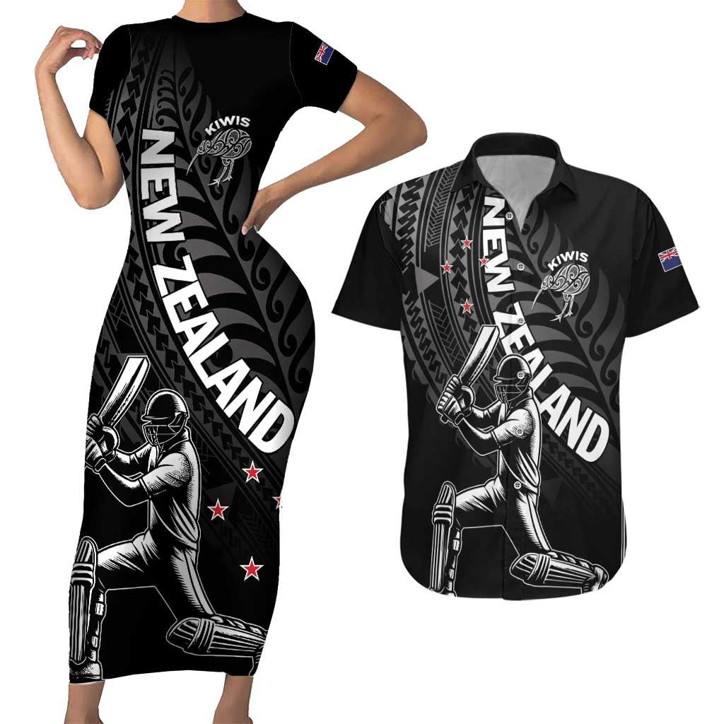 Custom New Zealand Cricket Couples Matching Short Sleeve Bodycon Dress and Hawaiian Shirt Maori Kiwi Black Fern