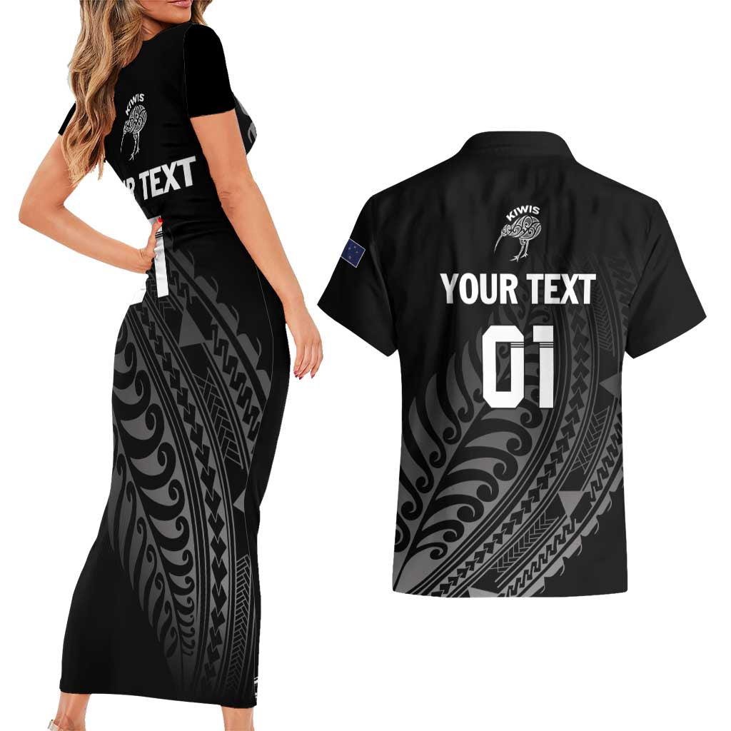 Custom New Zealand Cricket Couples Matching Short Sleeve Bodycon Dress and Hawaiian Shirt Maori Kiwi Black Fern