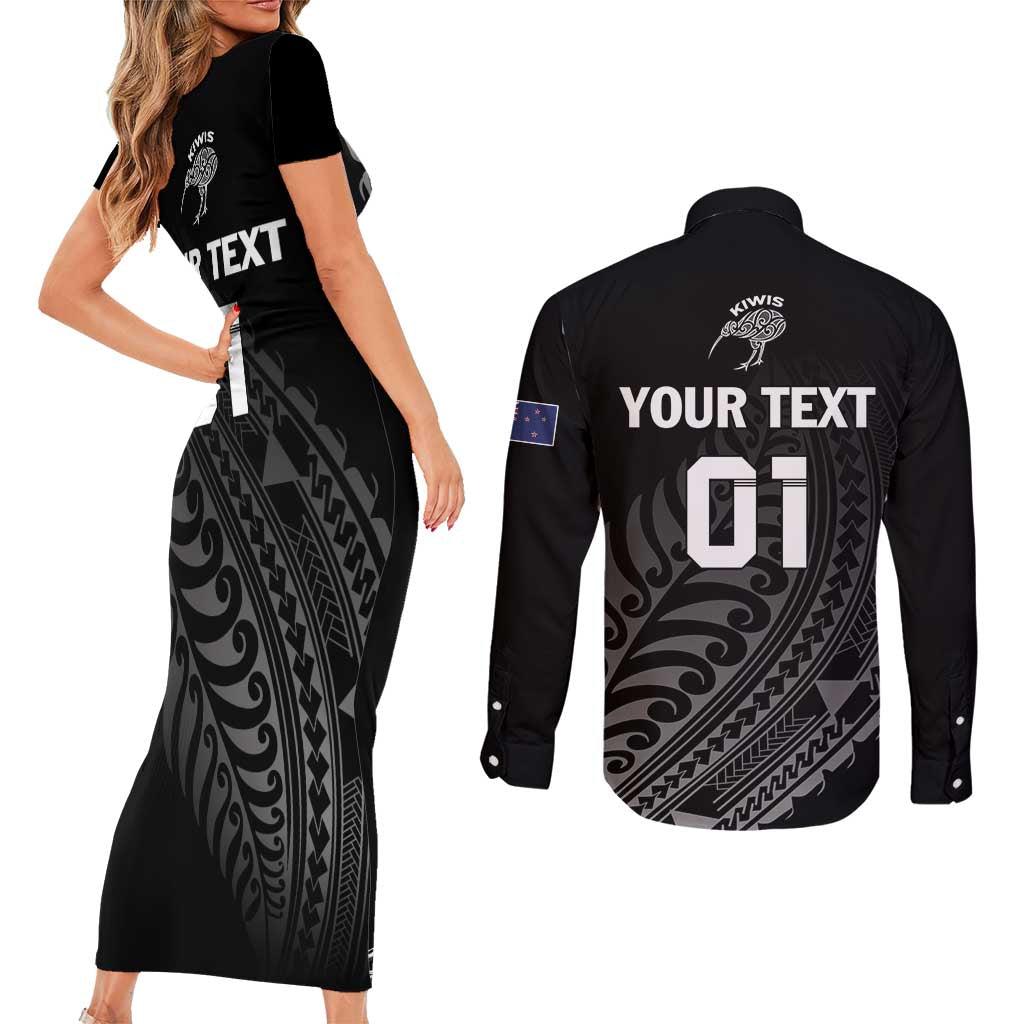 Custom New Zealand Cricket Couples Matching Short Sleeve Bodycon Dress and Long Sleeve Button Shirt Maori Kiwi Black Fern