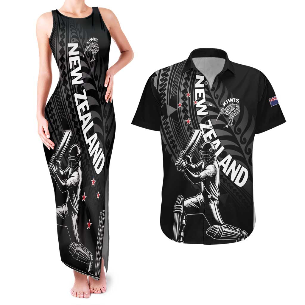 Custom New Zealand Cricket Couples Matching Tank Maxi Dress and Hawaiian Shirt Maori Kiwi Black Fern