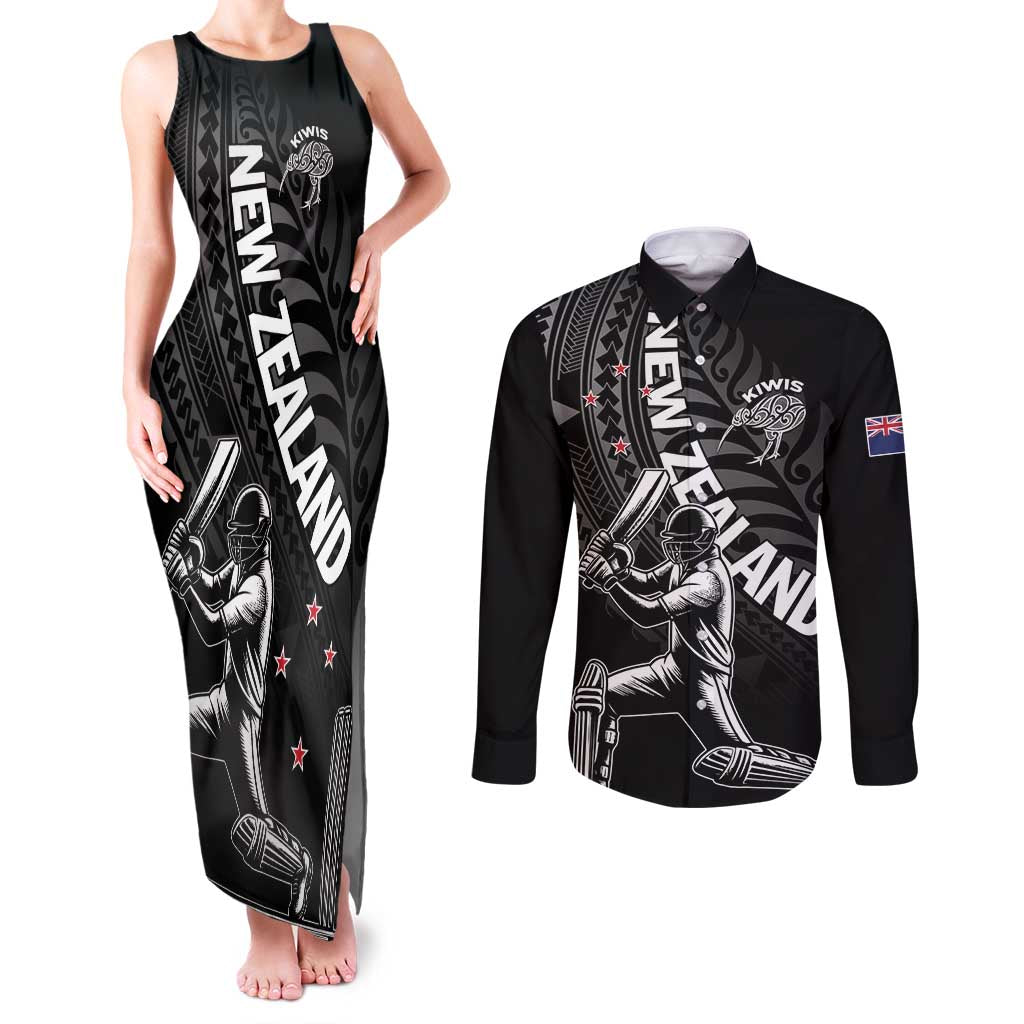 Custom New Zealand Cricket Couples Matching Tank Maxi Dress and Long Sleeve Button Shirt Maori Kiwi Black Fern