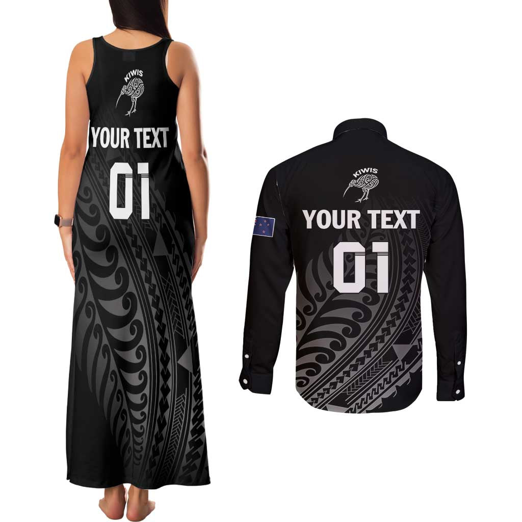 Custom New Zealand Cricket Couples Matching Tank Maxi Dress and Long Sleeve Button Shirt Maori Kiwi Black Fern