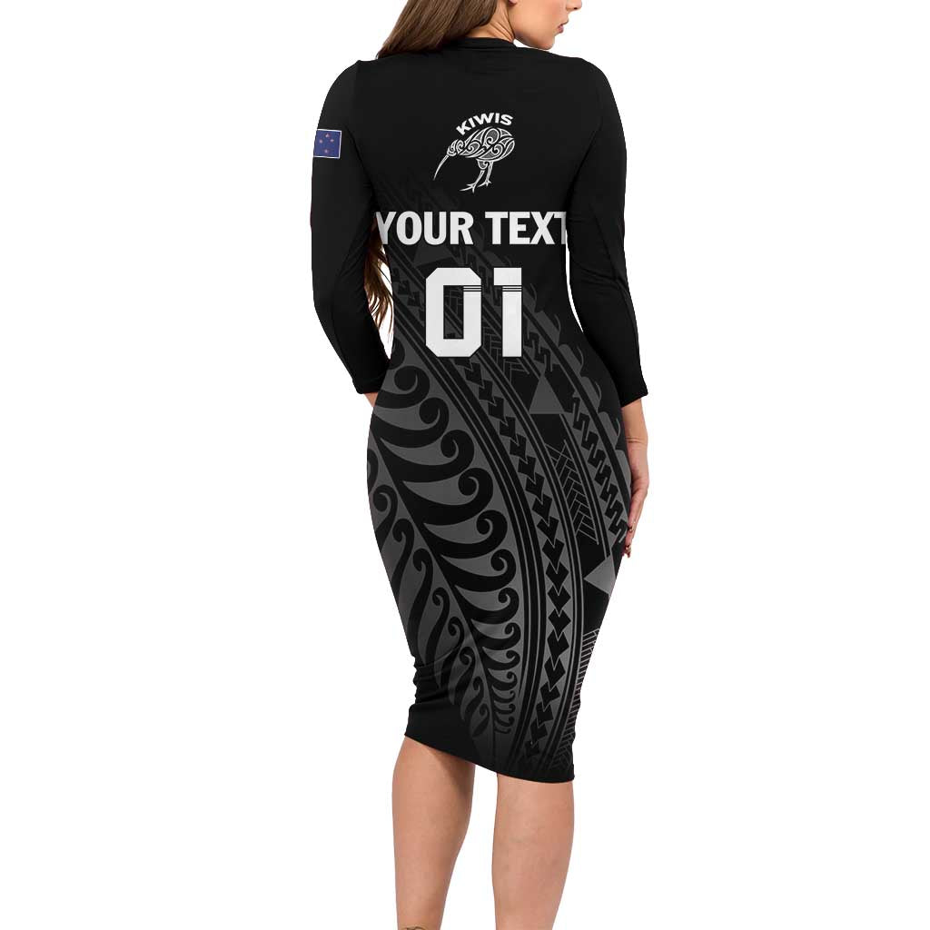 Custom New Zealand Cricket Family Matching Long Sleeve Bodycon Dress and Hawaiian Shirt Maori Kiwi Black Fern