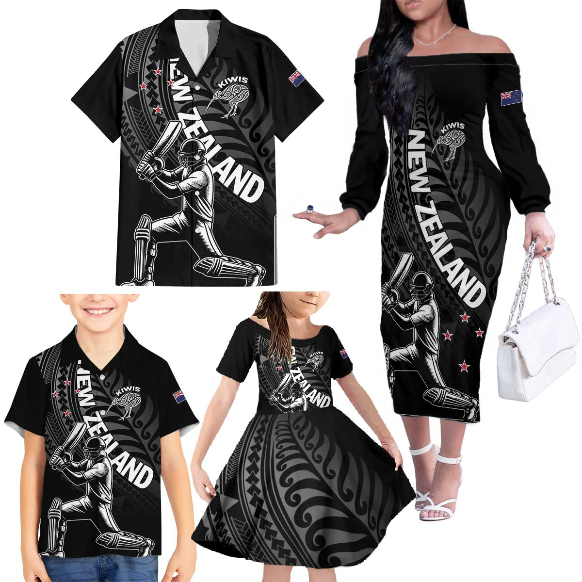 Custom New Zealand Cricket Family Matching Off The Shoulder Long Sleeve Dress and Hawaiian Shirt Maori Kiwi Black Fern