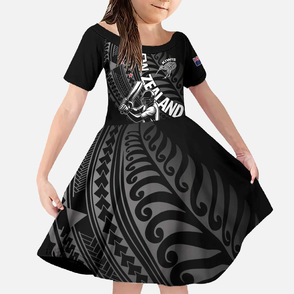 Custom New Zealand Cricket Family Matching Off The Shoulder Long Sleeve Dress and Hawaiian Shirt Maori Kiwi Black Fern