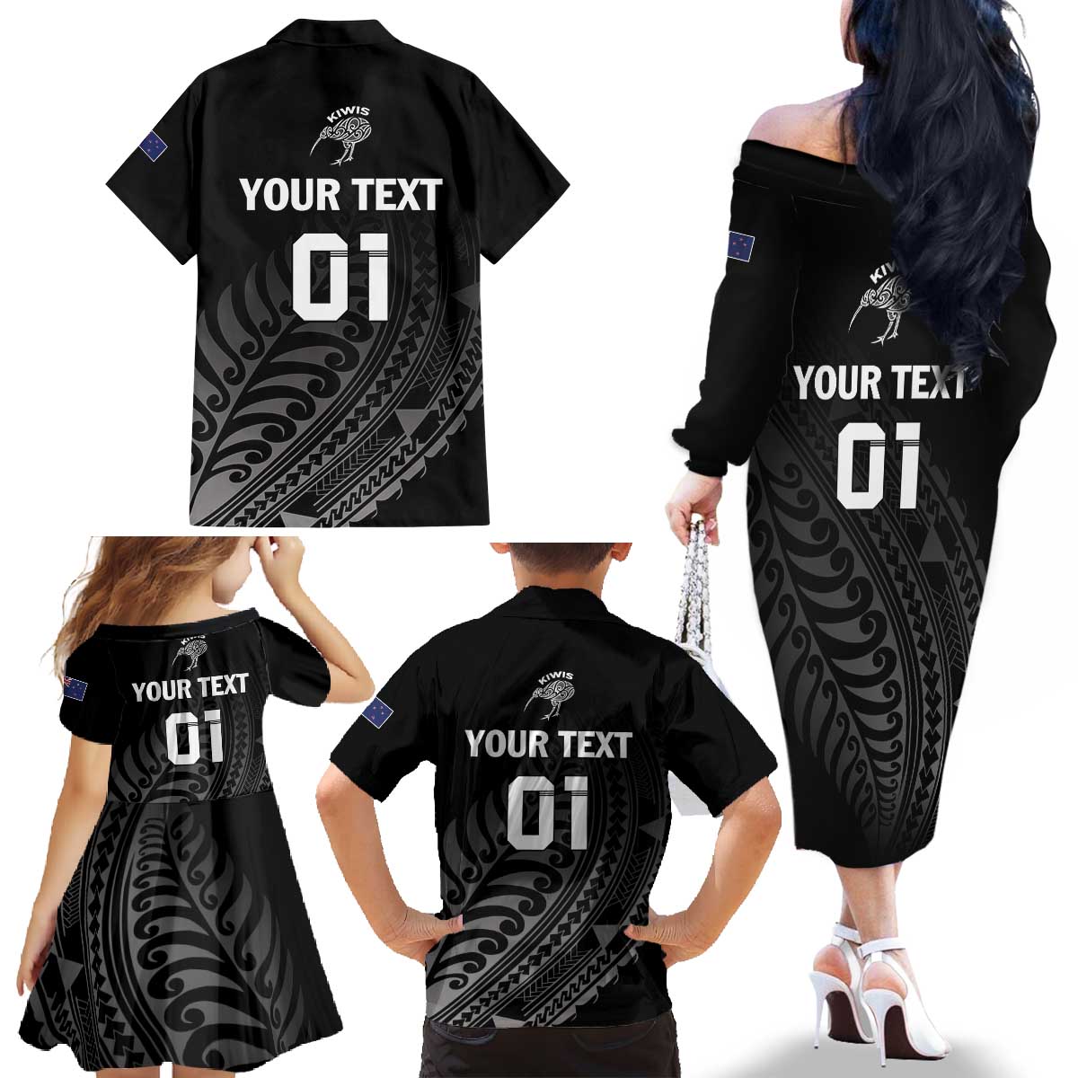 Custom New Zealand Cricket Family Matching Off The Shoulder Long Sleeve Dress and Hawaiian Shirt Maori Kiwi Black Fern