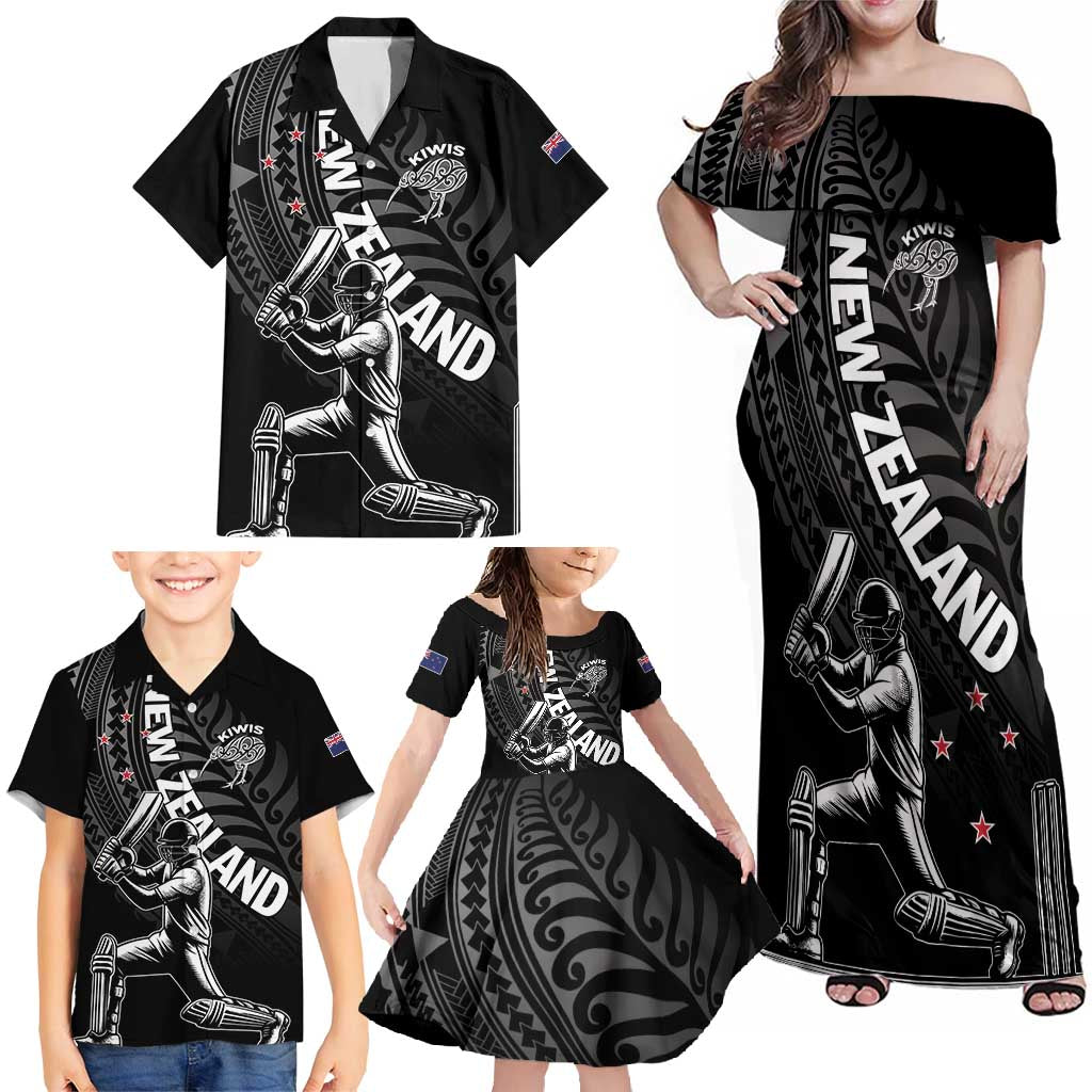 Custom New Zealand Cricket Family Matching Off Shoulder Maxi Dress and Hawaiian Shirt Maori Kiwi Black Fern