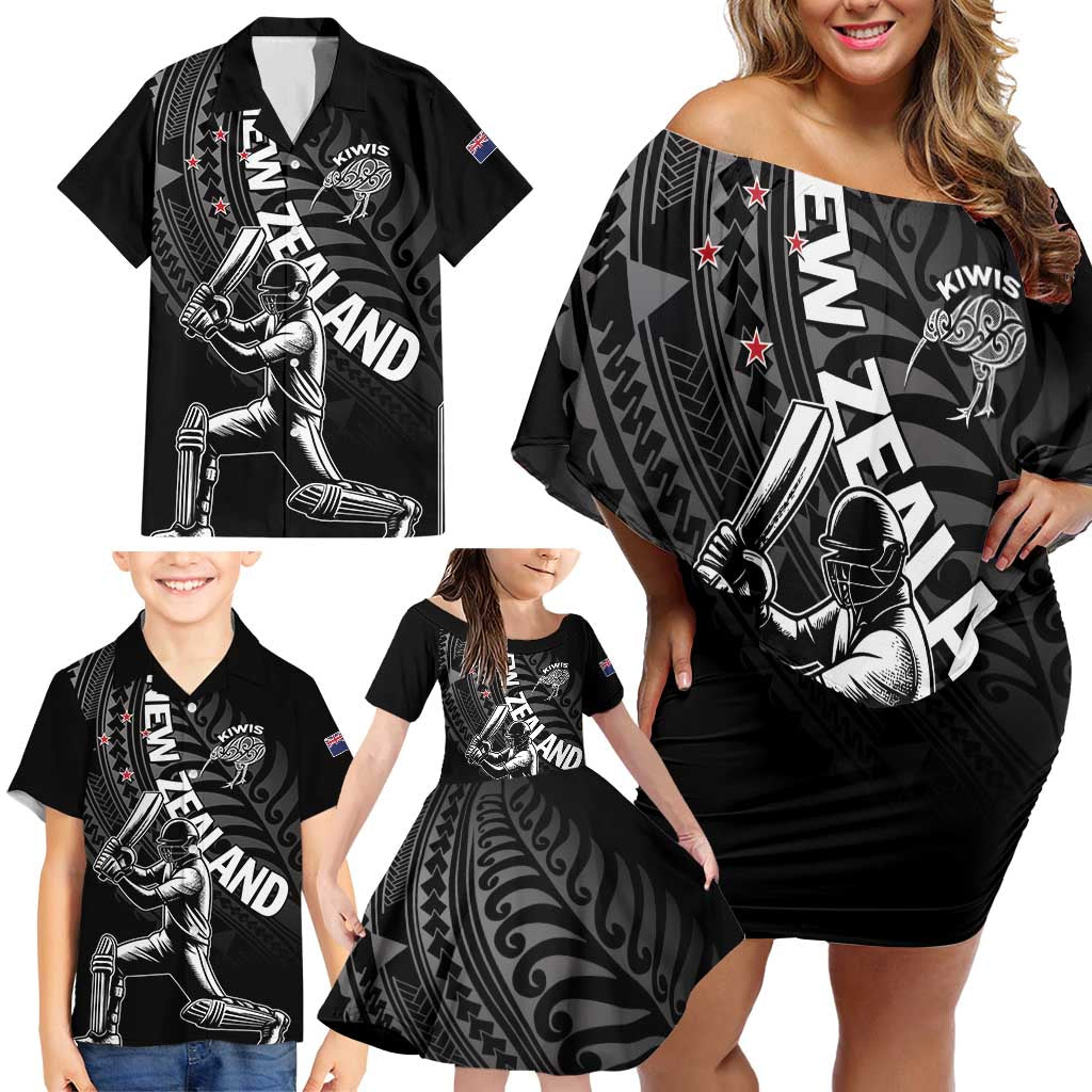 Custom New Zealand Cricket Family Matching Off Shoulder Short Dress and Hawaiian Shirt Maori Kiwi Black Fern