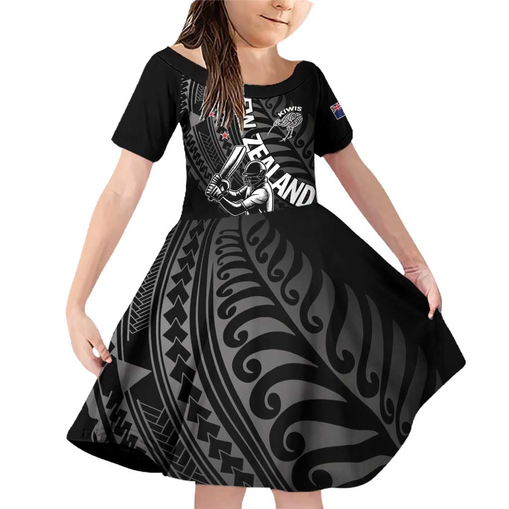 Custom New Zealand Cricket Family Matching Off Shoulder Short Dress and Hawaiian Shirt Maori Kiwi Black Fern