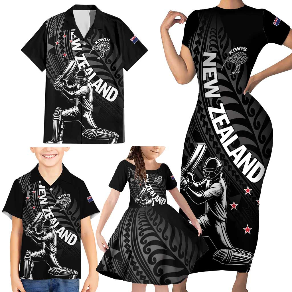 Custom New Zealand Cricket Family Matching Short Sleeve Bodycon Dress and Hawaiian Shirt Maori Kiwi Black Fern