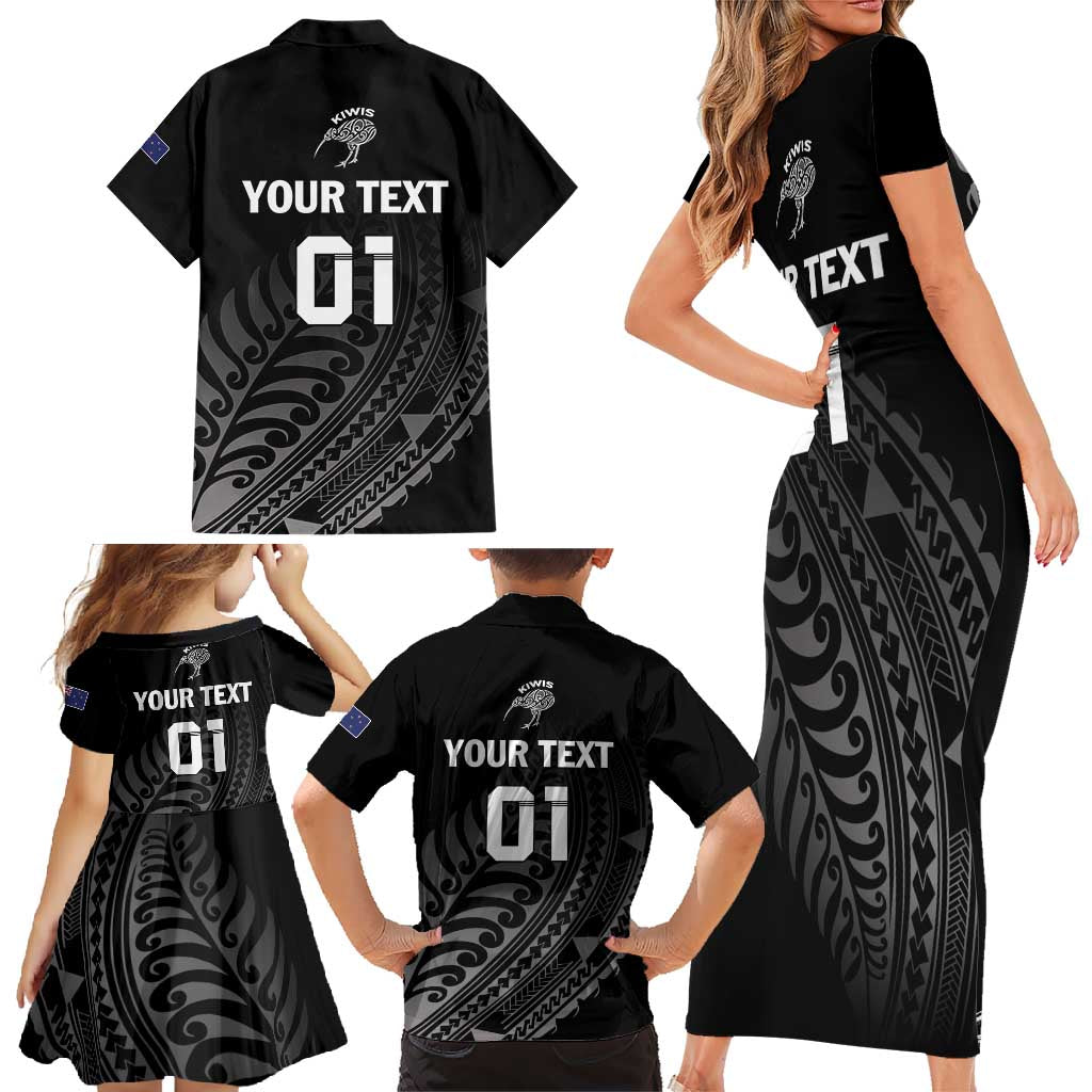 Custom New Zealand Cricket Family Matching Short Sleeve Bodycon Dress and Hawaiian Shirt Maori Kiwi Black Fern