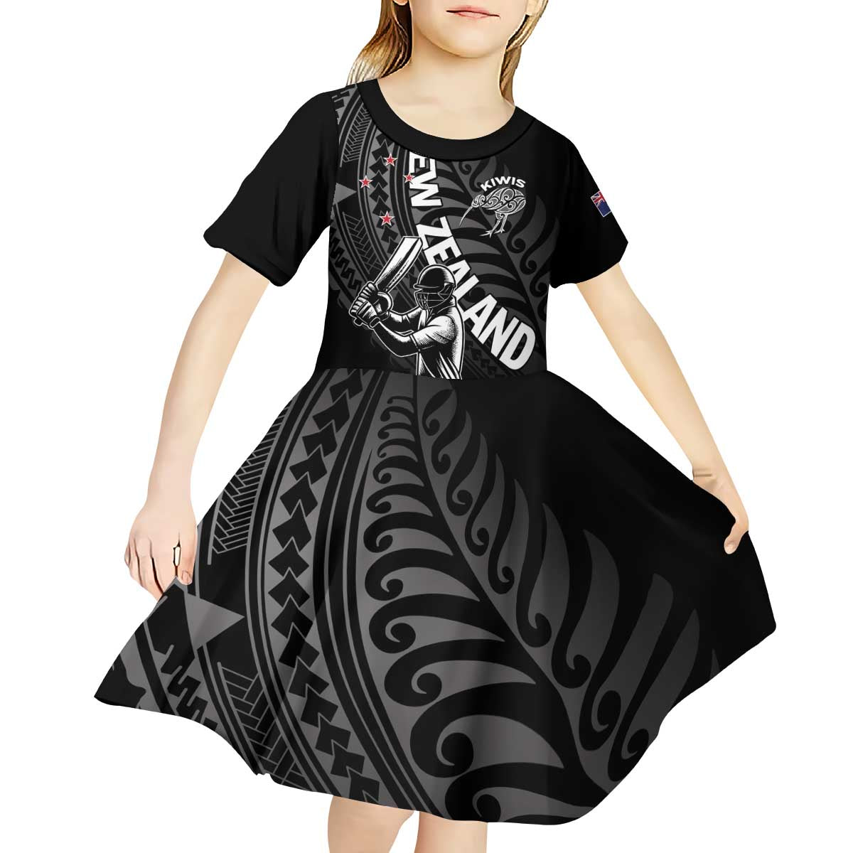 Custom New Zealand Cricket Kid Short Sleeve Dress Maori Kiwi Black Fern - Vibe Hoodie Shop