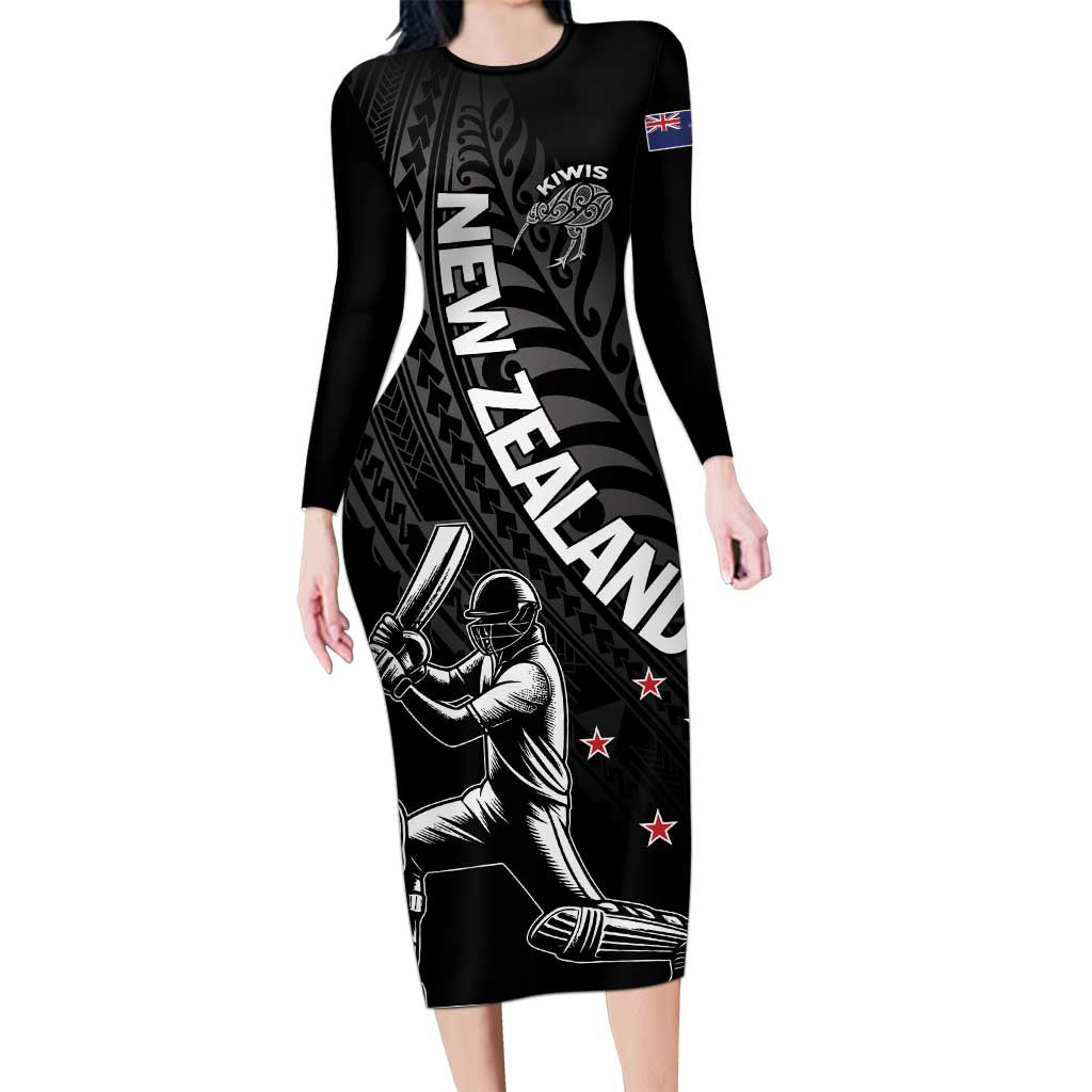 Custom New Zealand Cricket Long Sleeve Bodycon Dress Maori Kiwi Black Fern