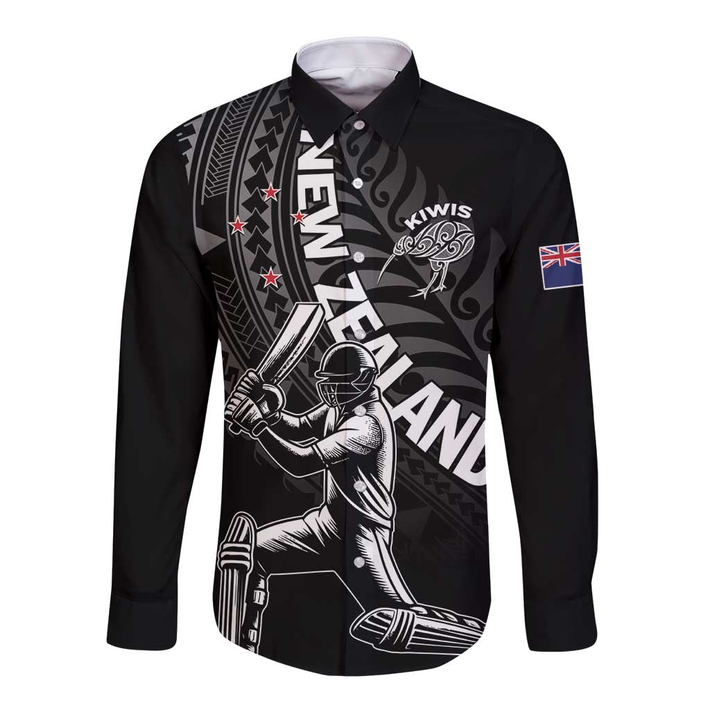 Custom New Zealand Cricket Long Sleeve Button Shirt Maori Kiwi Black Fern