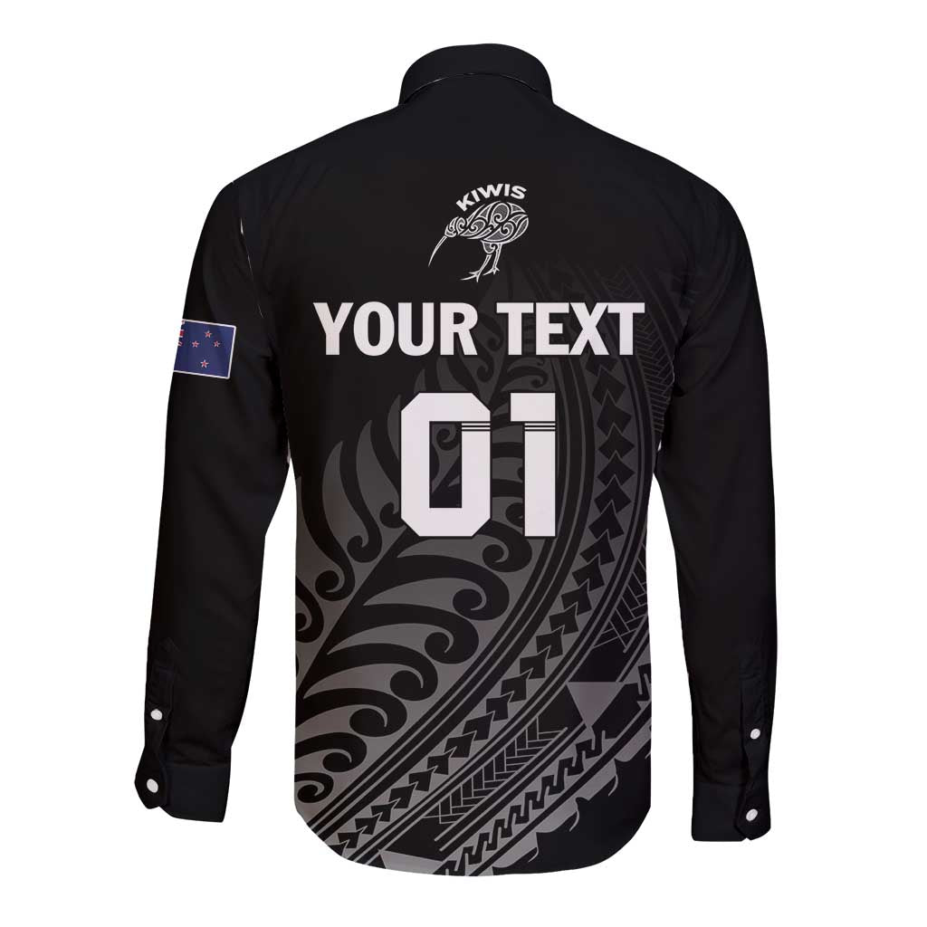 Custom New Zealand Cricket Long Sleeve Button Shirt Maori Kiwi Black Fern