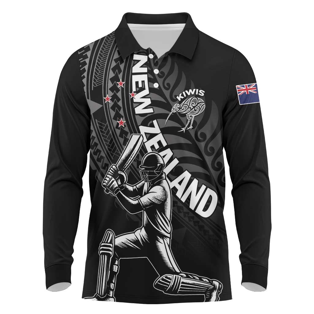 Custom New Zealand Cricket Long Sleeve Polo Shirt Maori Kiwi Black Fern