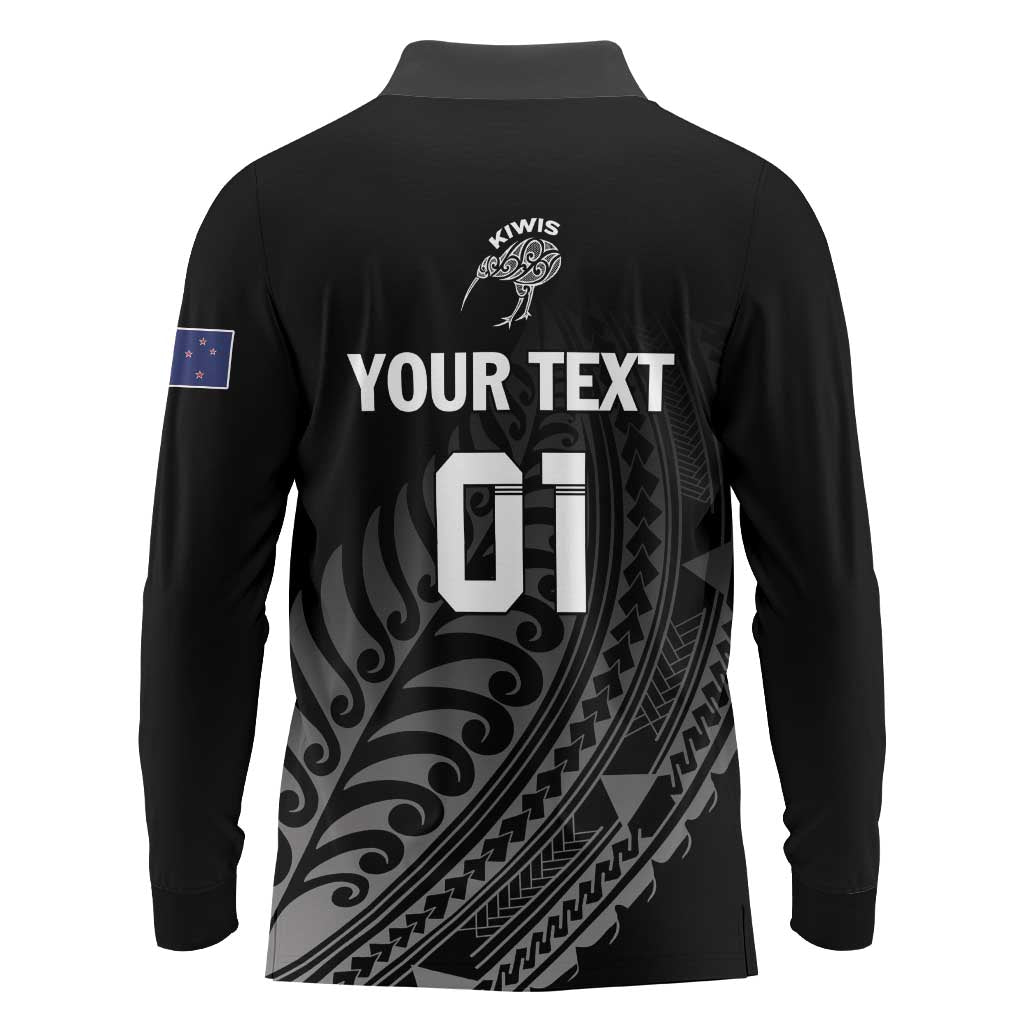 Custom New Zealand Cricket Long Sleeve Polo Shirt Maori Kiwi Black Fern