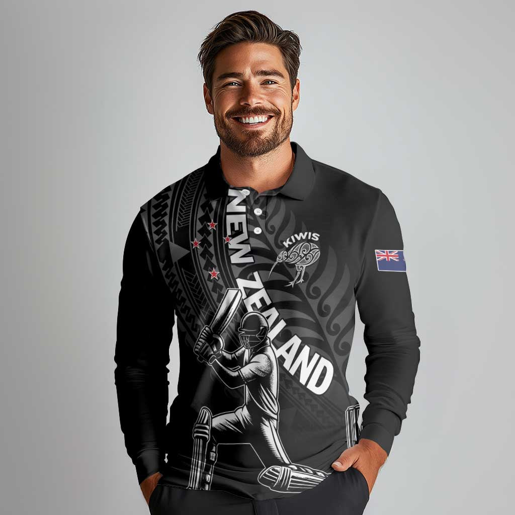 Custom New Zealand Cricket Long Sleeve Polo Shirt Maori Kiwi Black Fern