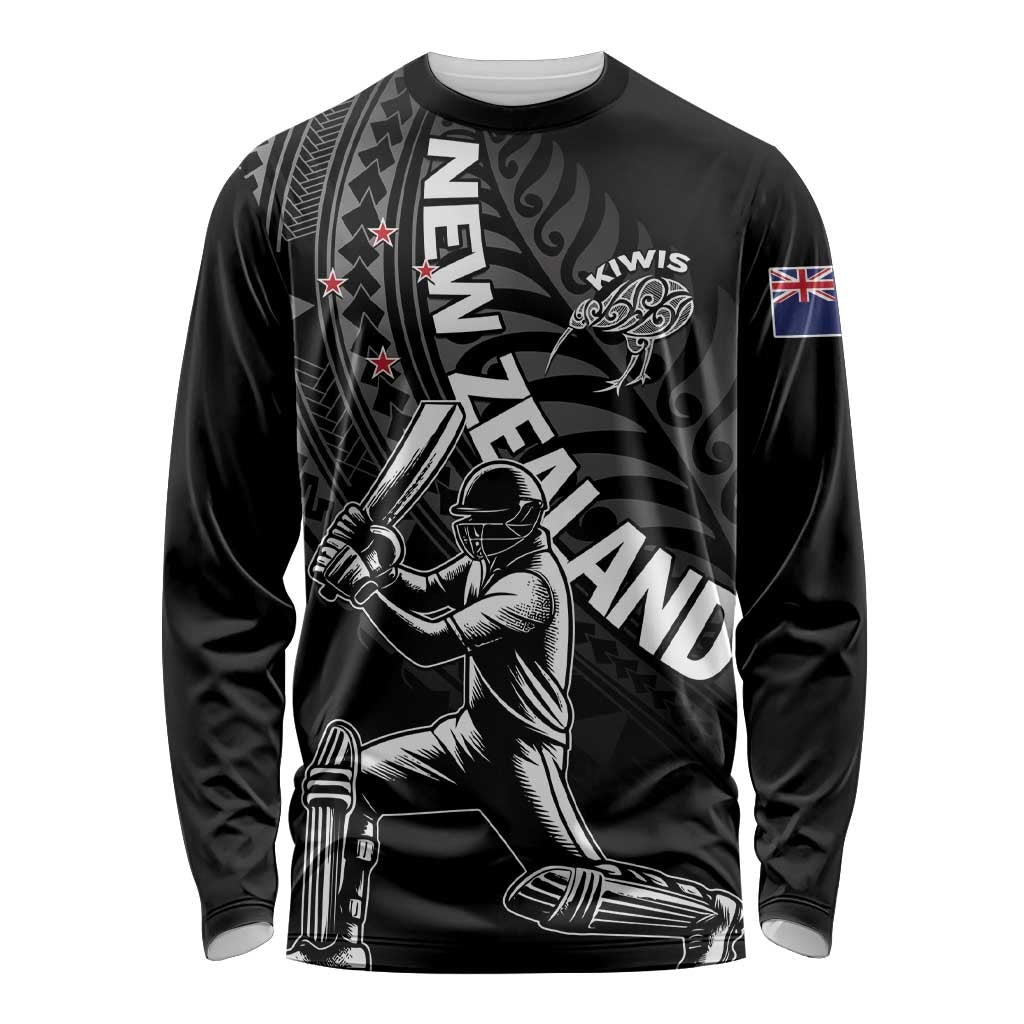 Custom New Zealand Cricket Long Sleeve Shirt Maori Kiwi Black Fern