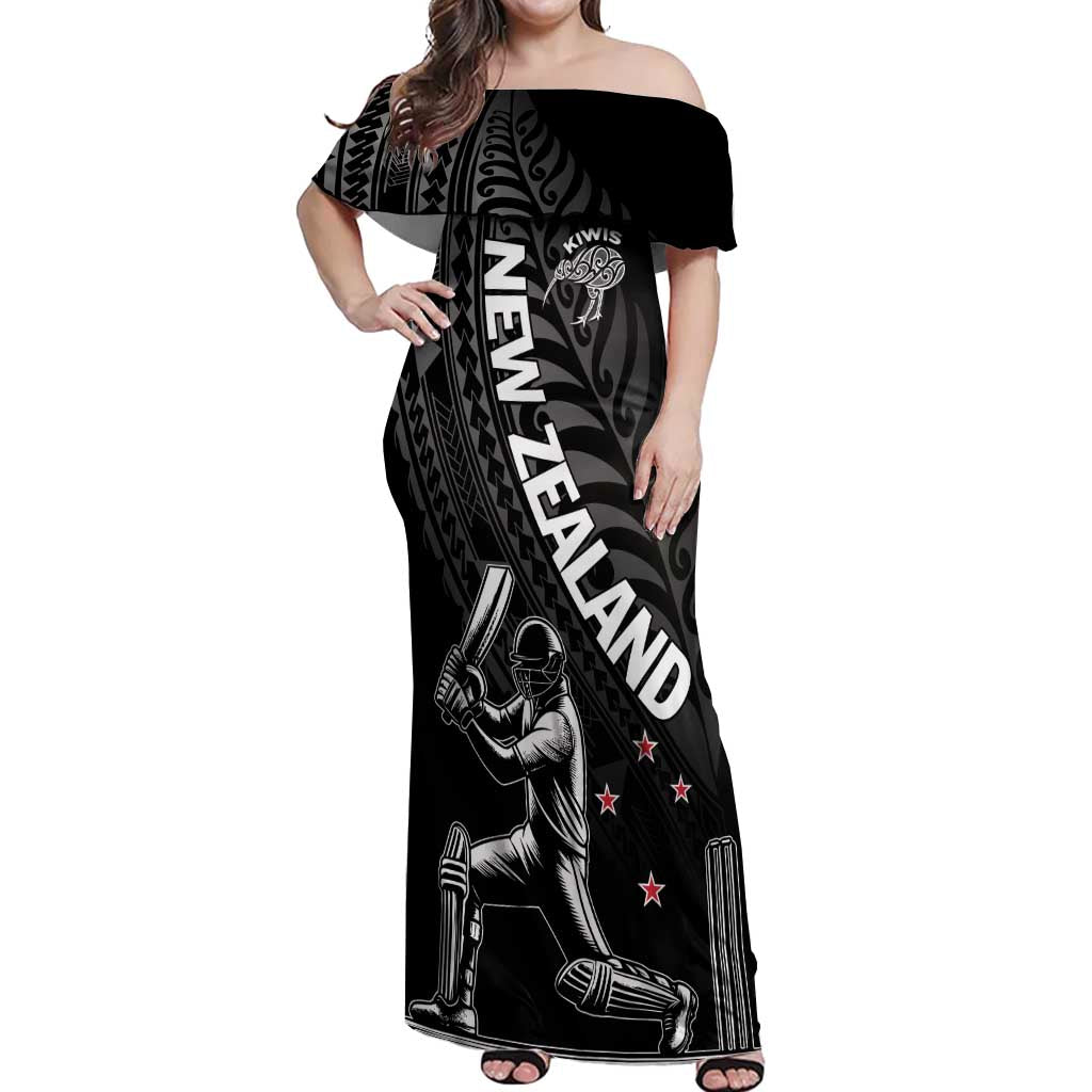 Custom New Zealand Cricket Off Shoulder Maxi Dress Maori Kiwi Black Fern