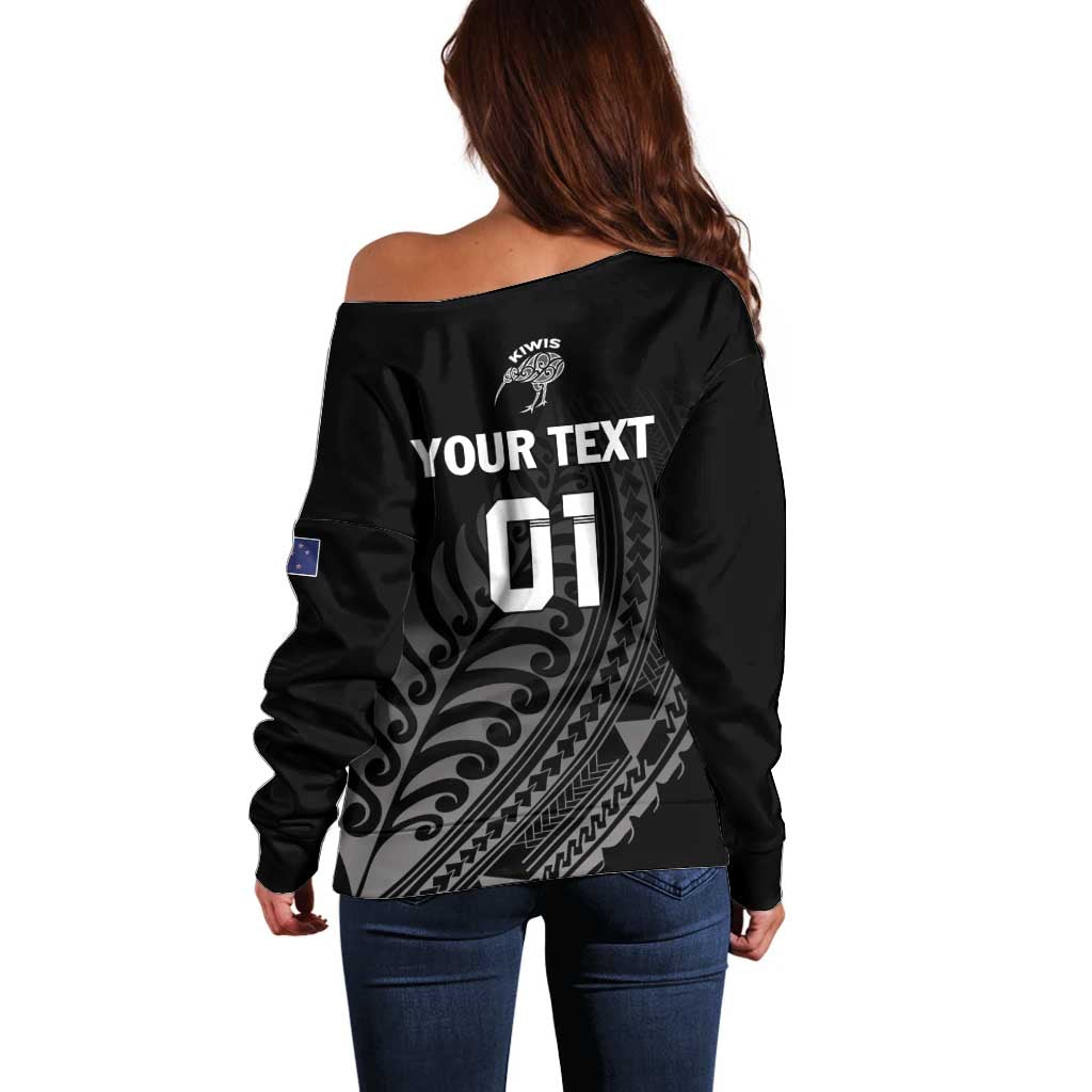 Custom New Zealand Cricket Off Shoulder Sweater Maori Kiwi Black Fern - Vibe Hoodie Shop