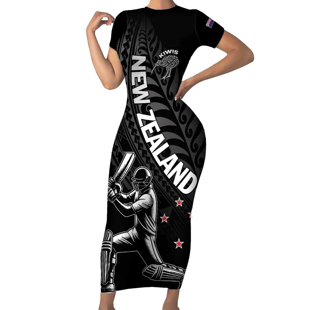 Custom New Zealand Cricket Short Sleeve Bodycon Dress Maori Kiwi Black Fern