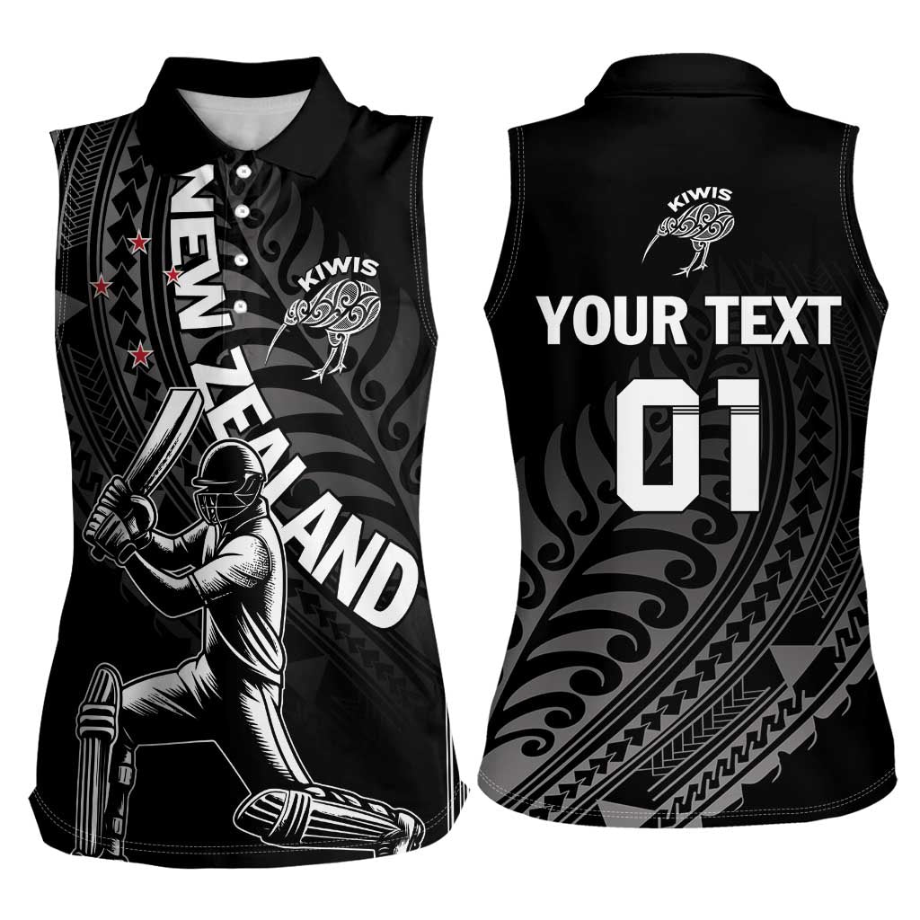 Custom New Zealand Cricket Women Sleeveless Polo Shirt Maori Kiwi Black Fern