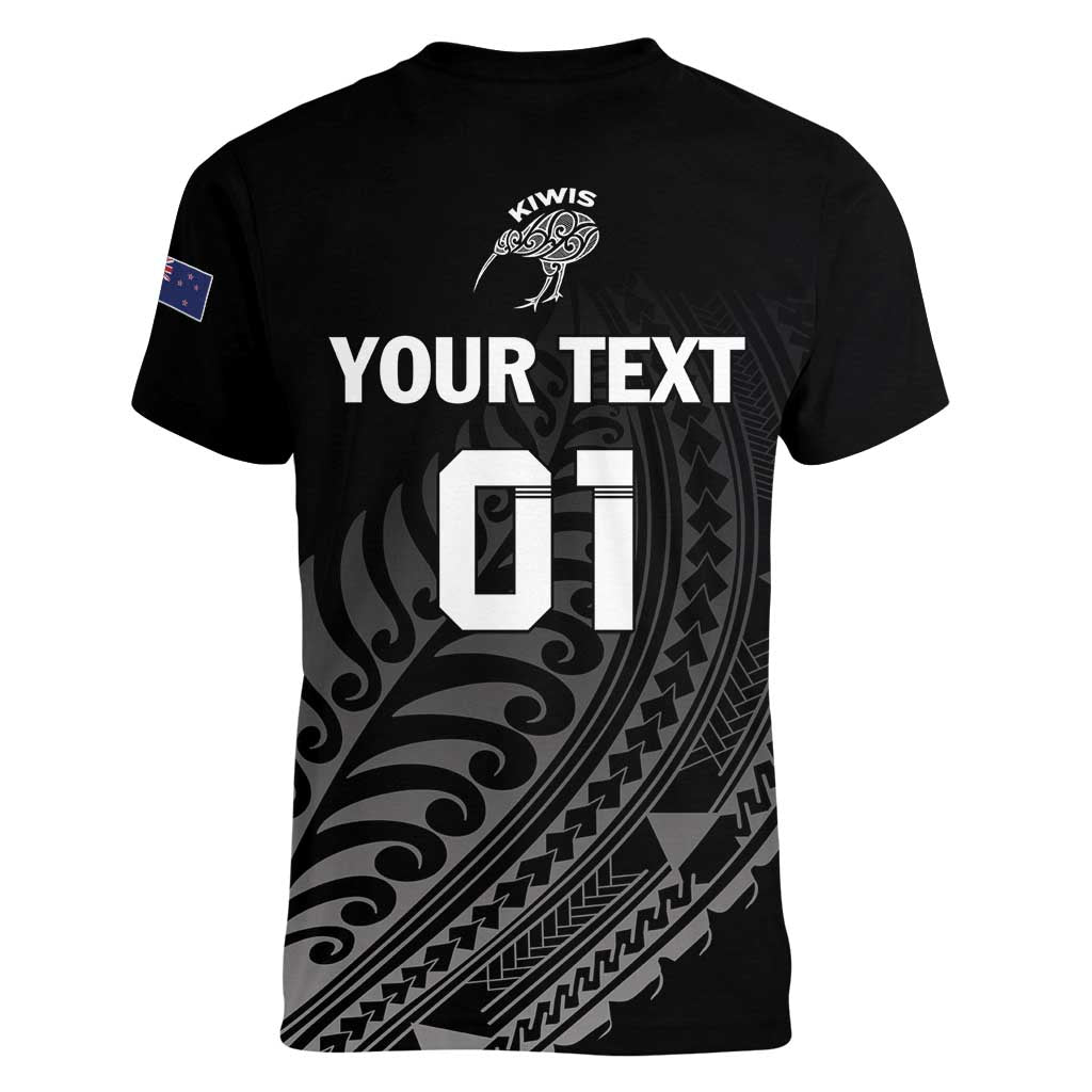 Custom New Zealand Cricket Women V-Neck T-Shirt Maori Kiwi Black Fern - Vibe Hoodie Shop