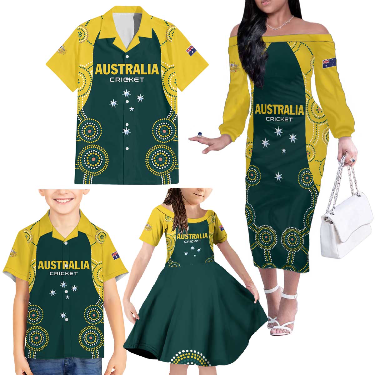 Custom Australia Cricket Family Matching Off The Shoulder Long Sleeve Dress and Hawaiian Shirt Aussies Champions