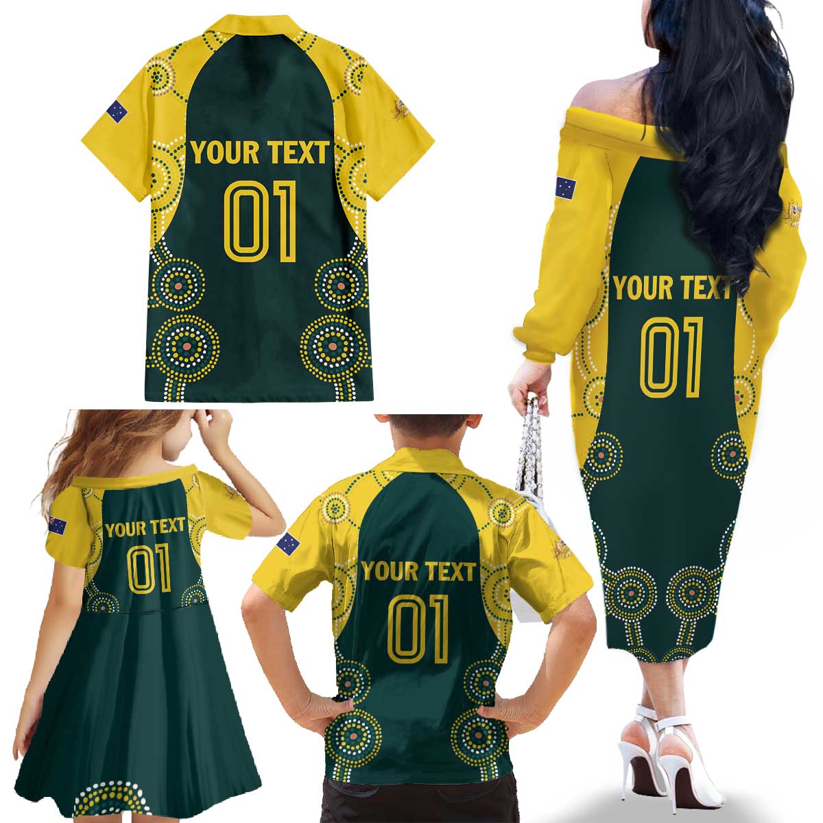 Custom Australia Cricket Family Matching Off The Shoulder Long Sleeve Dress and Hawaiian Shirt Aussies Champions