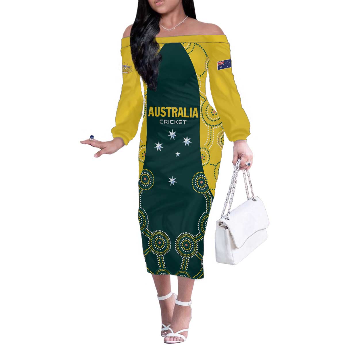 Custom Australia Cricket Family Matching Off The Shoulder Long Sleeve Dress and Hawaiian Shirt Aussies Champions