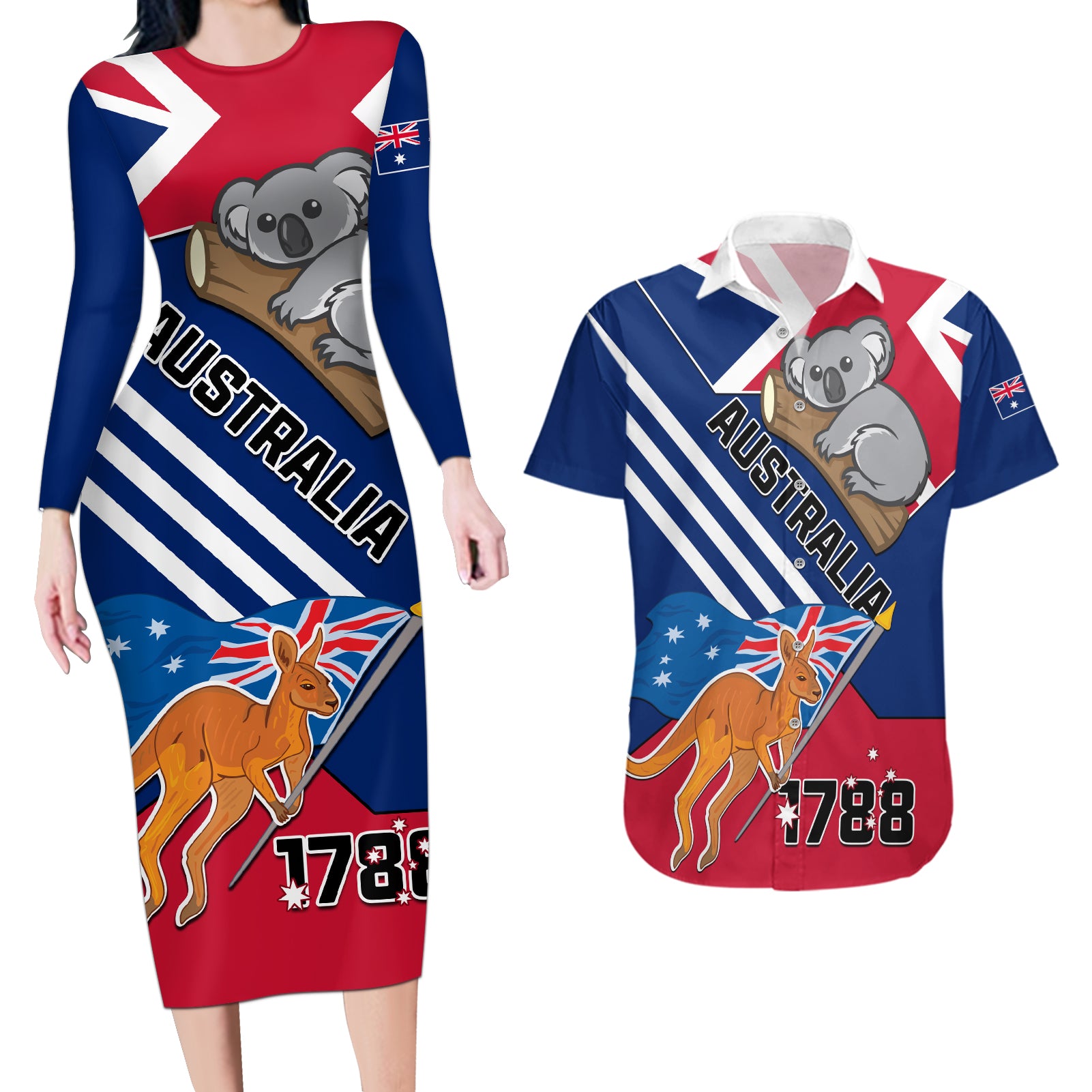 Australia Day Kangaroo and Koala With Flag Couples Matching Long Sleeve Bodycon Dress and Hawaiian Shirt