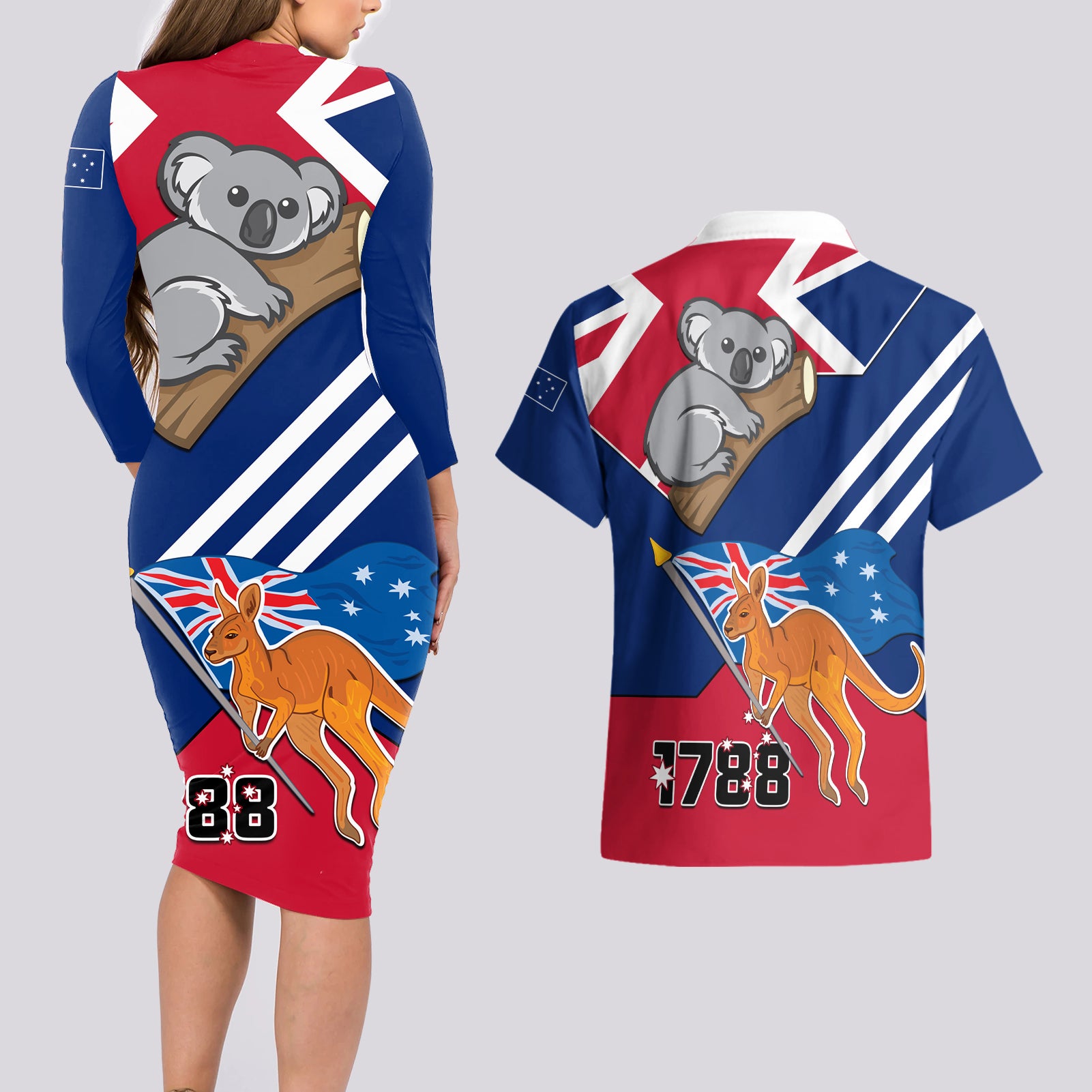 Australia Day Kangaroo and Koala With Flag Couples Matching Long Sleeve Bodycon Dress and Hawaiian Shirt