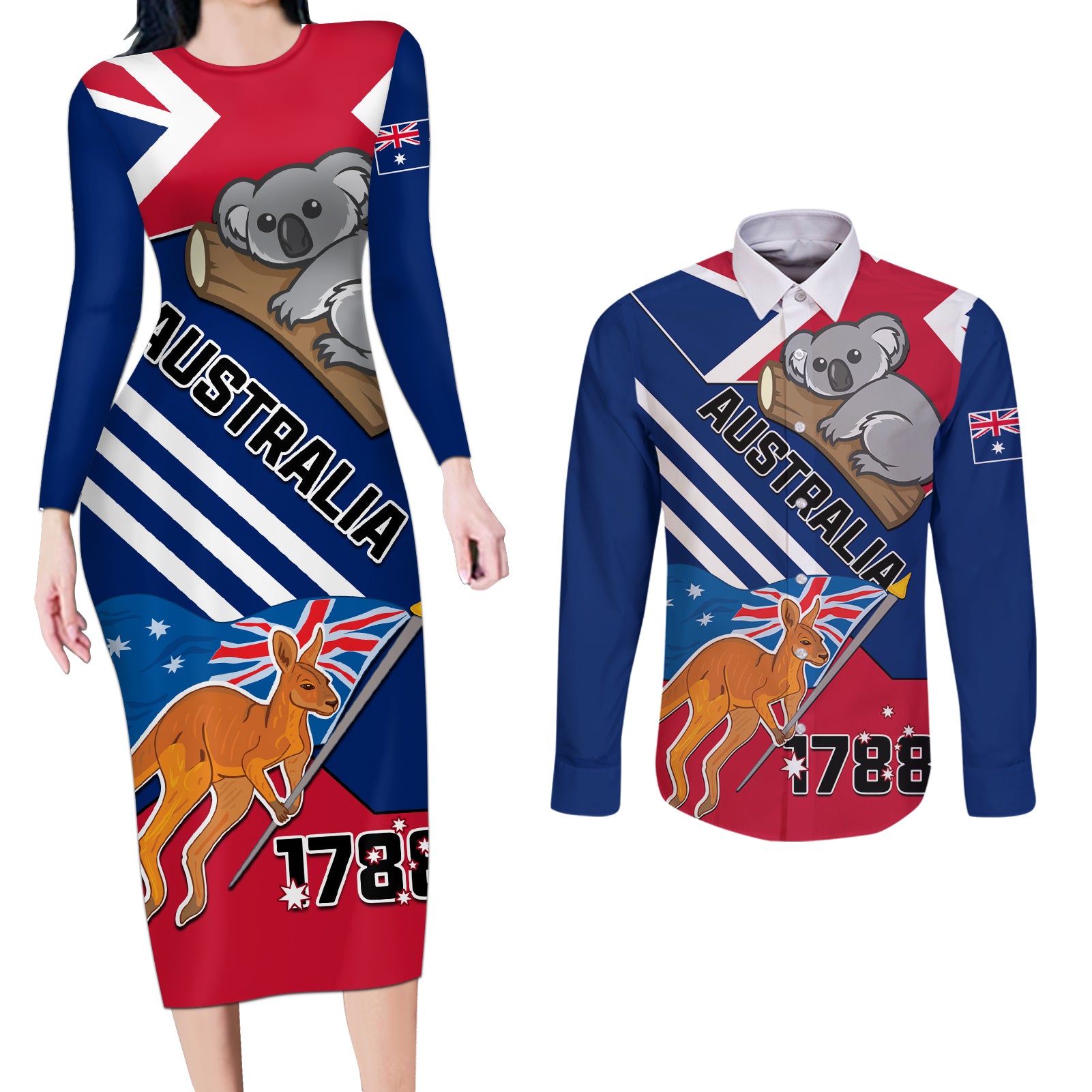 Australia Day Kangaroo and Koala With Flag Couples Matching Long Sleeve Bodycon Dress and Long Sleeve Button Shirt