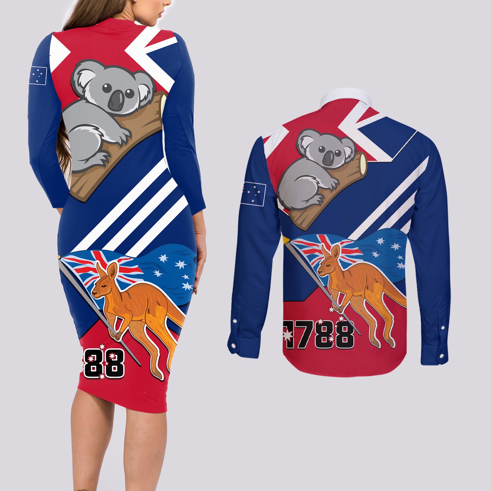 Australia Day Kangaroo and Koala With Flag Couples Matching Long Sleeve Bodycon Dress and Long Sleeve Button Shirt