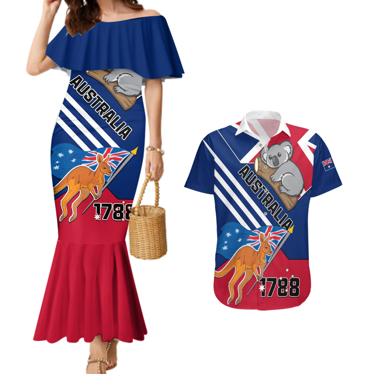 Australia Day Kangaroo and Koala With Flag Couples Matching Mermaid Dress and Hawaiian Shirt