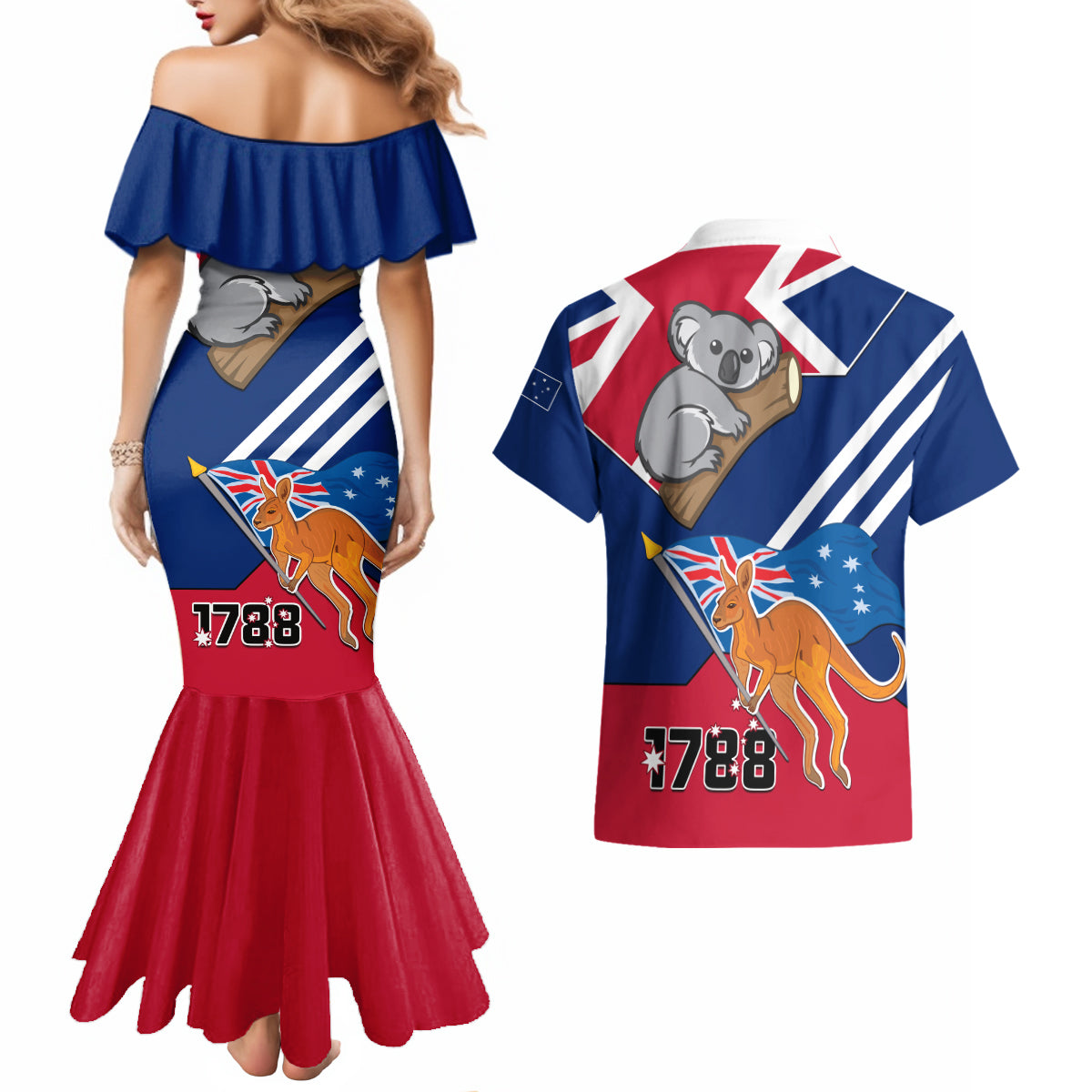 Australia Day Kangaroo and Koala With Flag Couples Matching Mermaid Dress and Hawaiian Shirt