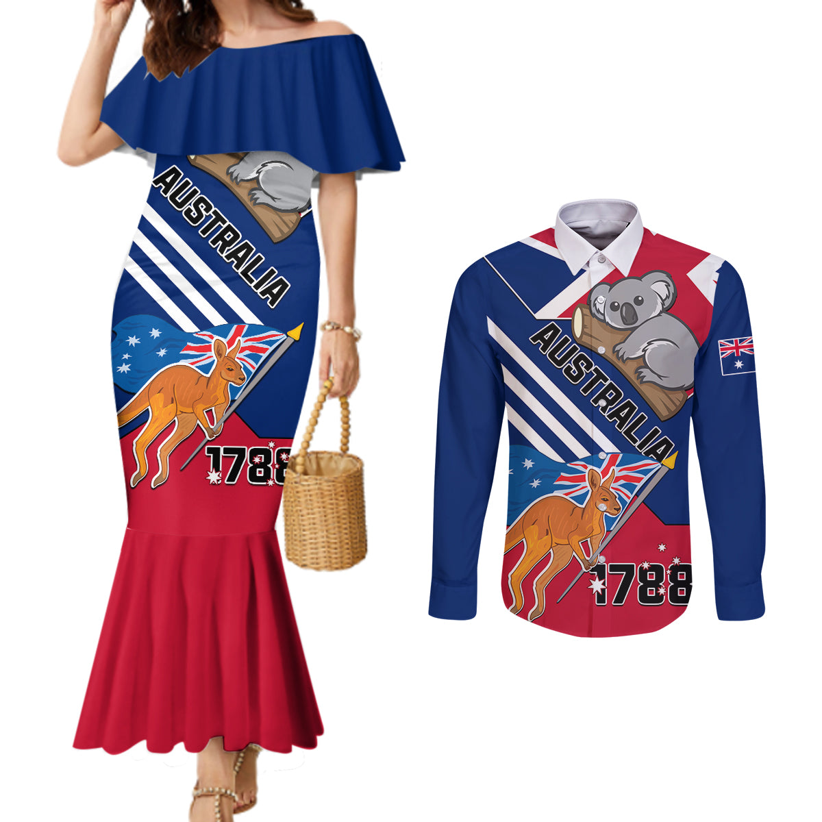 Australia Day Kangaroo and Koala With Flag Couples Matching Mermaid Dress and Long Sleeve Button Shirt