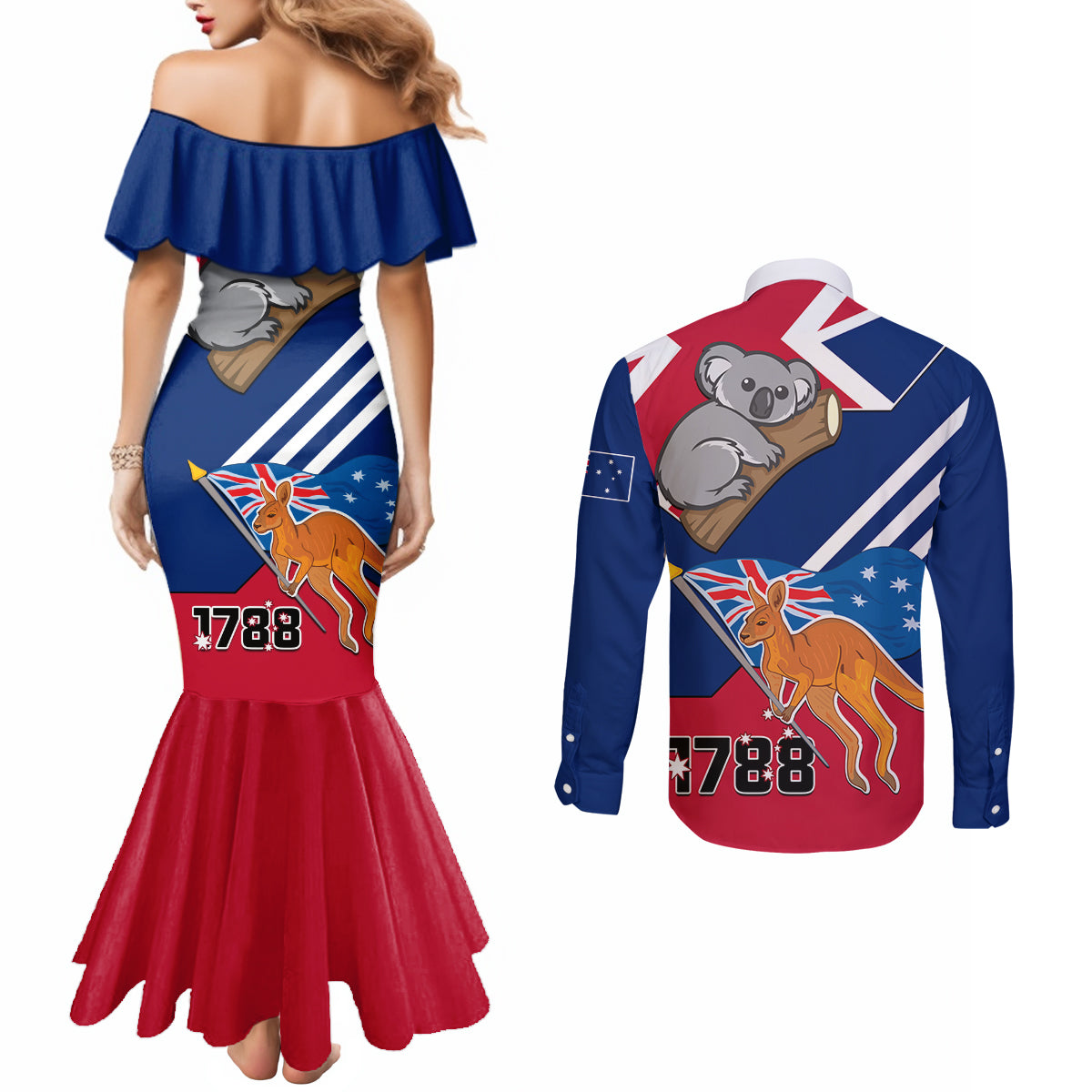 Australia Day Kangaroo and Koala With Flag Couples Matching Mermaid Dress and Long Sleeve Button Shirt