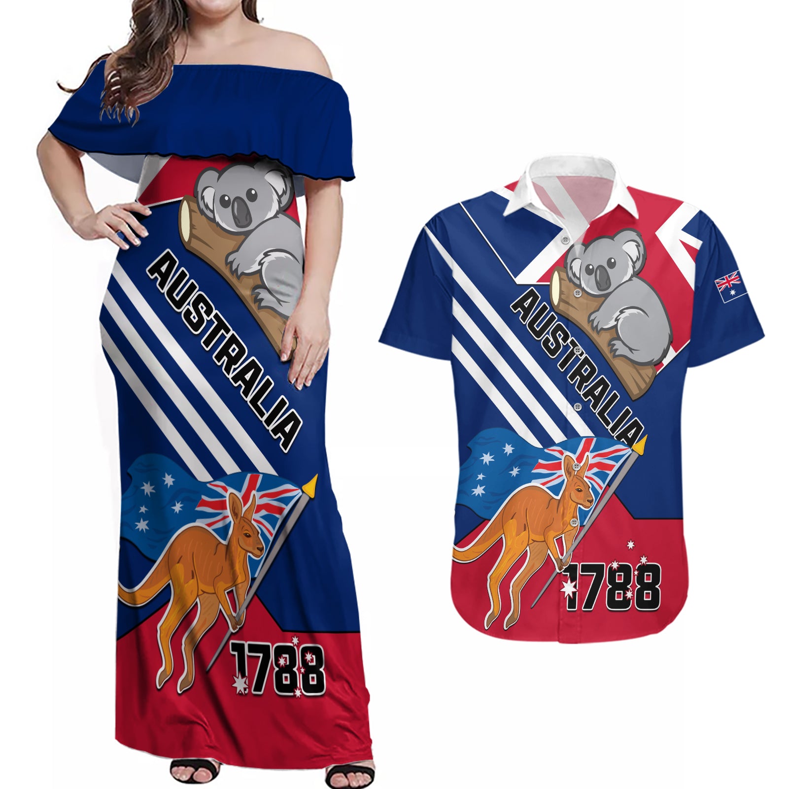 Australia Day Kangaroo and Koala With Flag Couples Matching Off Shoulder Maxi Dress and Hawaiian Shirt