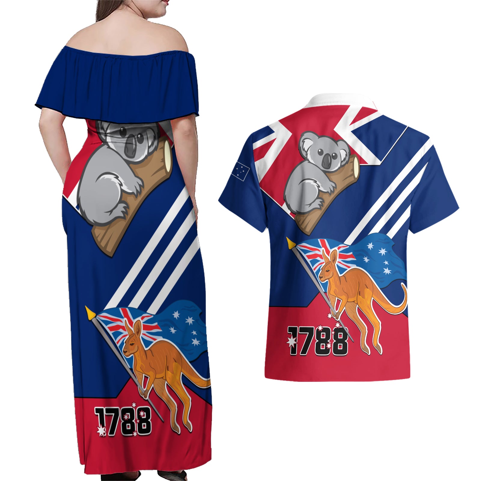 Australia Day Kangaroo and Koala With Flag Couples Matching Off Shoulder Maxi Dress and Hawaiian Shirt