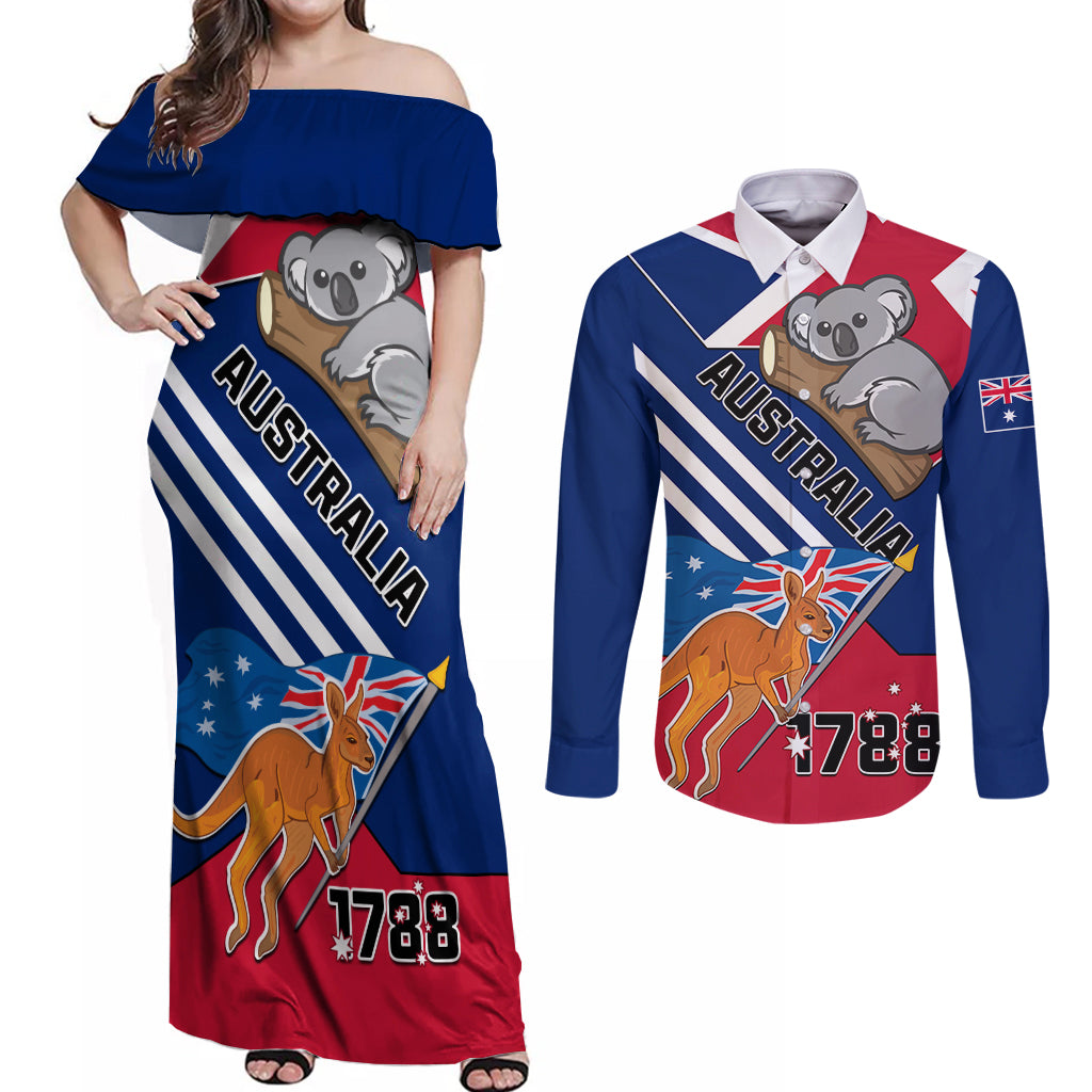 Australia Day Kangaroo and Koala With Flag Couples Matching Off Shoulder Maxi Dress and Long Sleeve Button Shirt