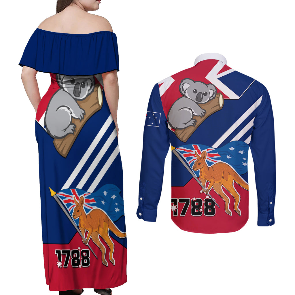 Australia Day Kangaroo and Koala With Flag Couples Matching Off Shoulder Maxi Dress and Long Sleeve Button Shirt