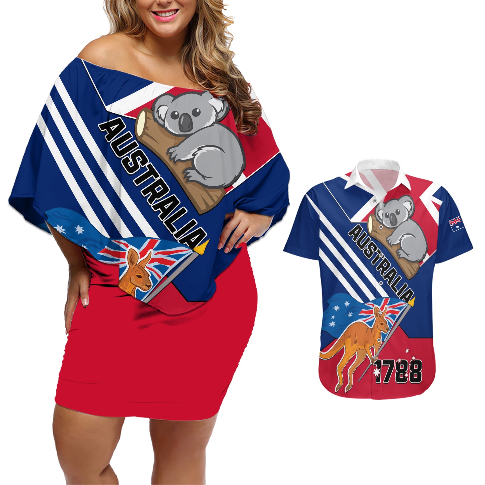 Australia Day Kangaroo and Koala With Flag Couples Matching Off Shoulder Short Dress and Hawaiian Shirt