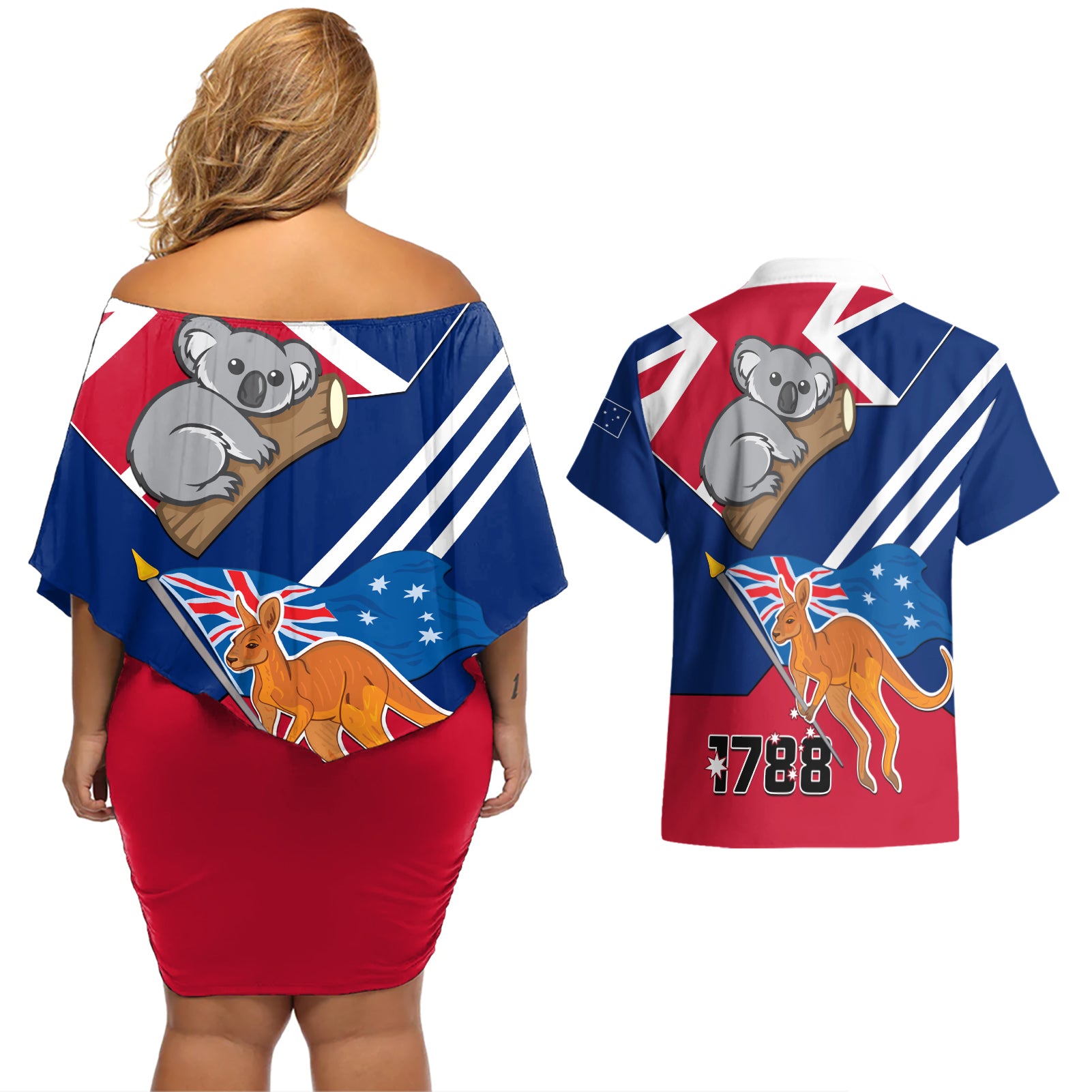 Australia Day Kangaroo and Koala With Flag Couples Matching Off Shoulder Short Dress and Hawaiian Shirt