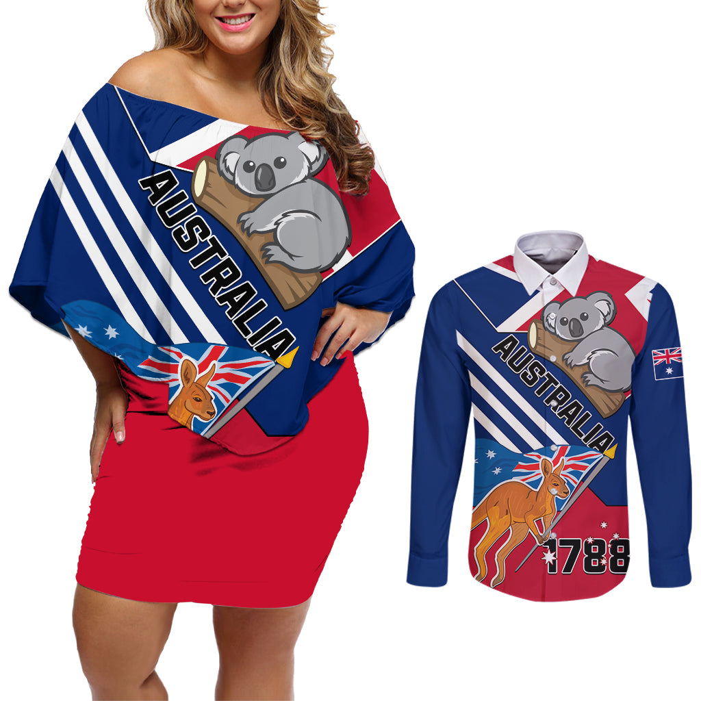 Australia Day Kangaroo and Koala With Flag Couples Matching Off Shoulder Short Dress and Long Sleeve Button Shirt