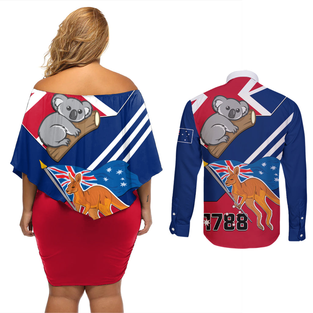 Australia Day Kangaroo and Koala With Flag Couples Matching Off Shoulder Short Dress and Long Sleeve Button Shirt