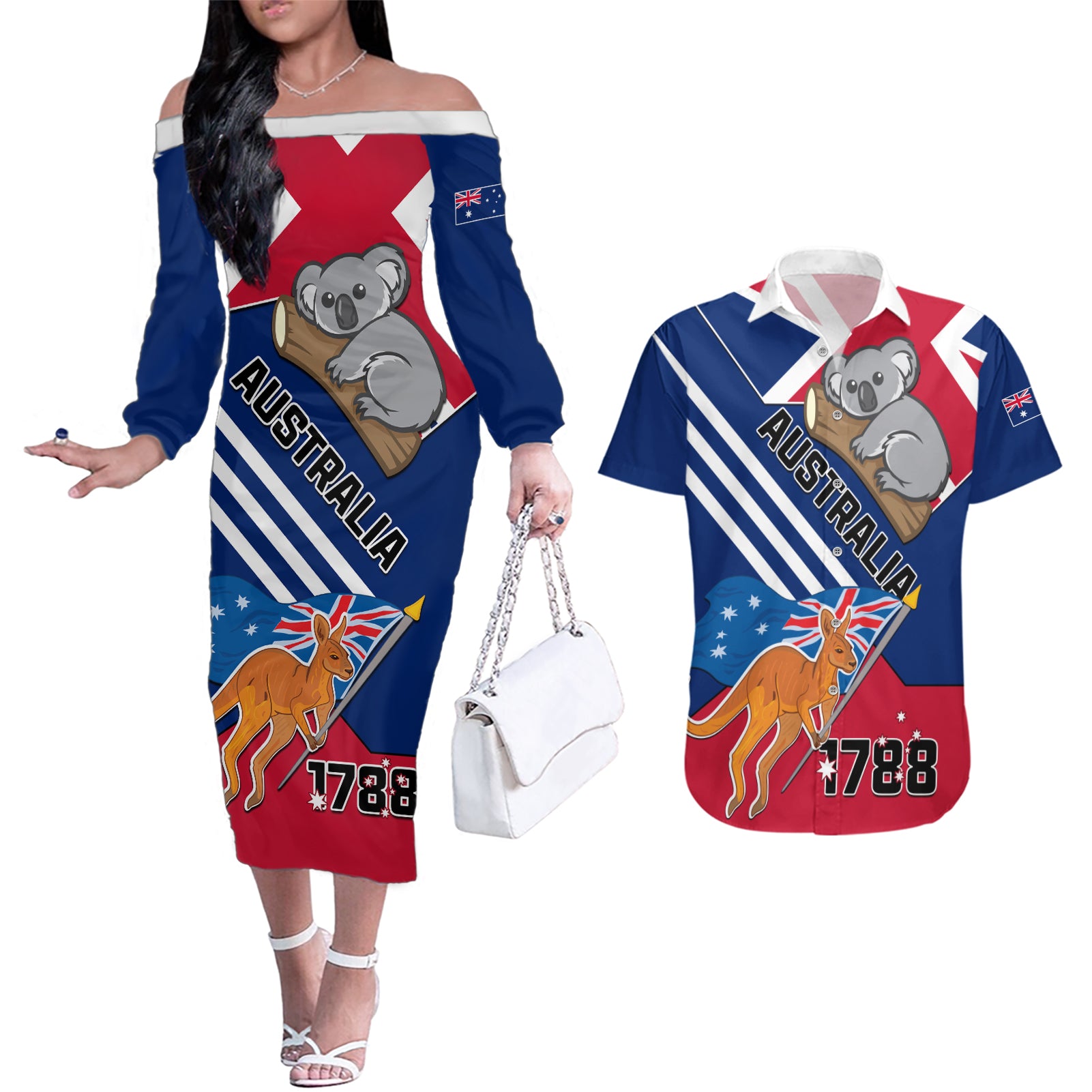 Australia Day Kangaroo and Koala With Flag Couples Matching Off The Shoulder Long Sleeve Dress and Hawaiian Shirt