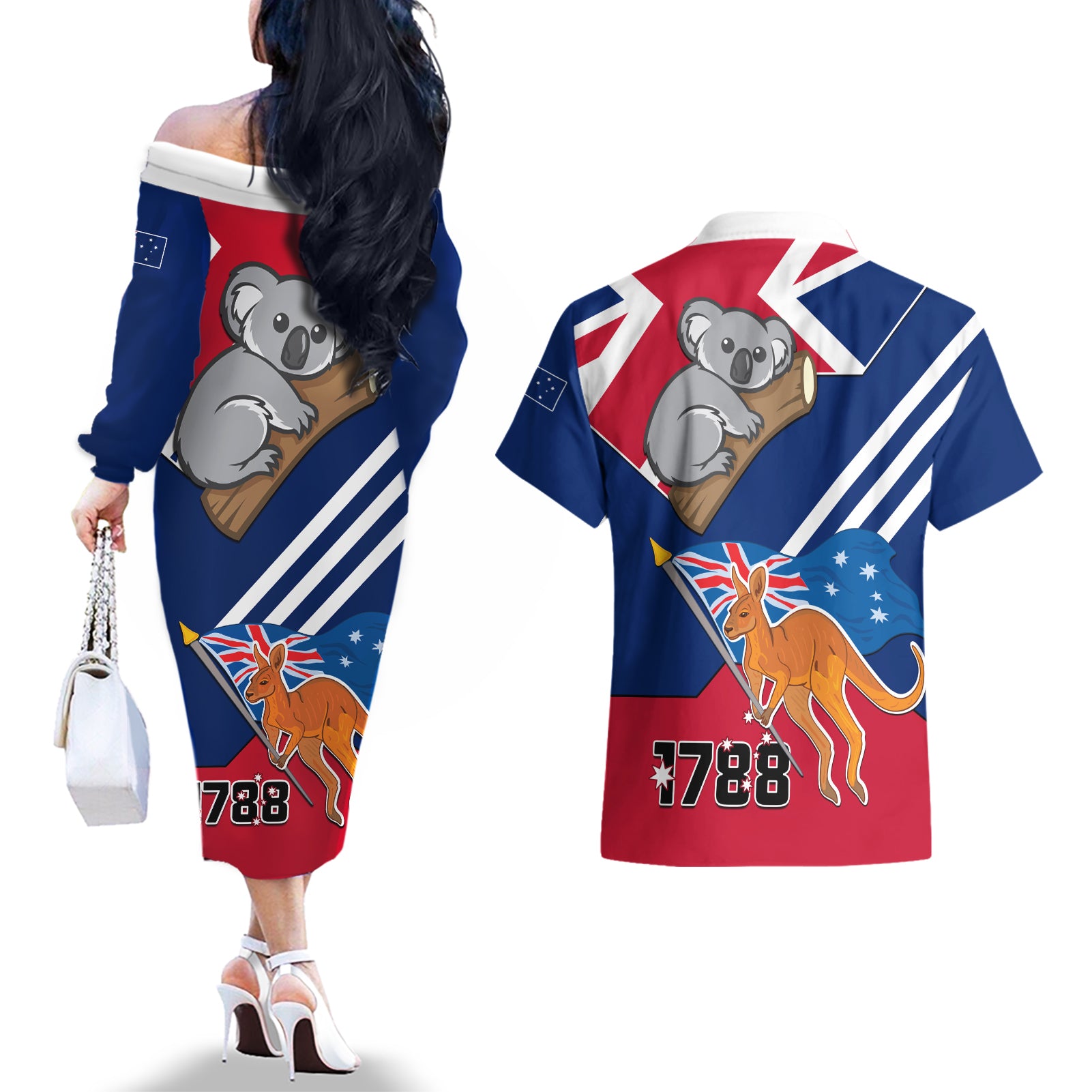 Australia Day Kangaroo and Koala With Flag Couples Matching Off The Shoulder Long Sleeve Dress and Hawaiian Shirt