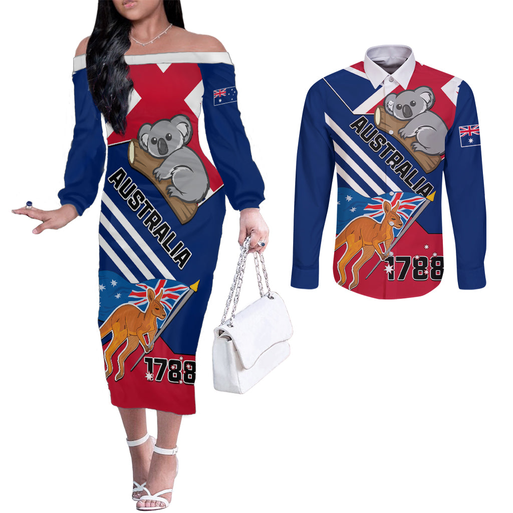 Australia Day Kangaroo and Koala With Flag Couples Matching Off The Shoulder Long Sleeve Dress and Long Sleeve Button Shirt